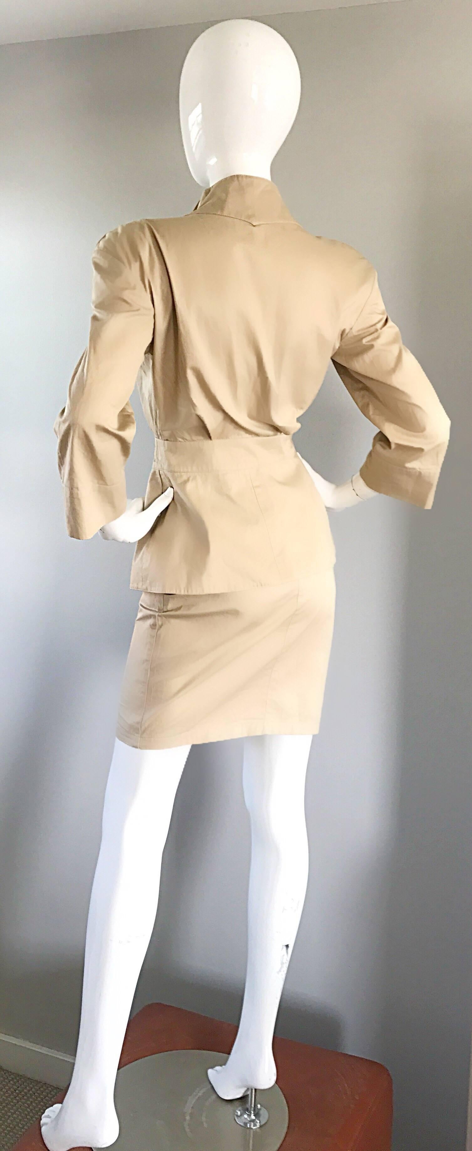 Women's Thierry Mugler 1980s Khaki Safari Two Piece Vintage Bodycon 80s Skirt Suit For Sale