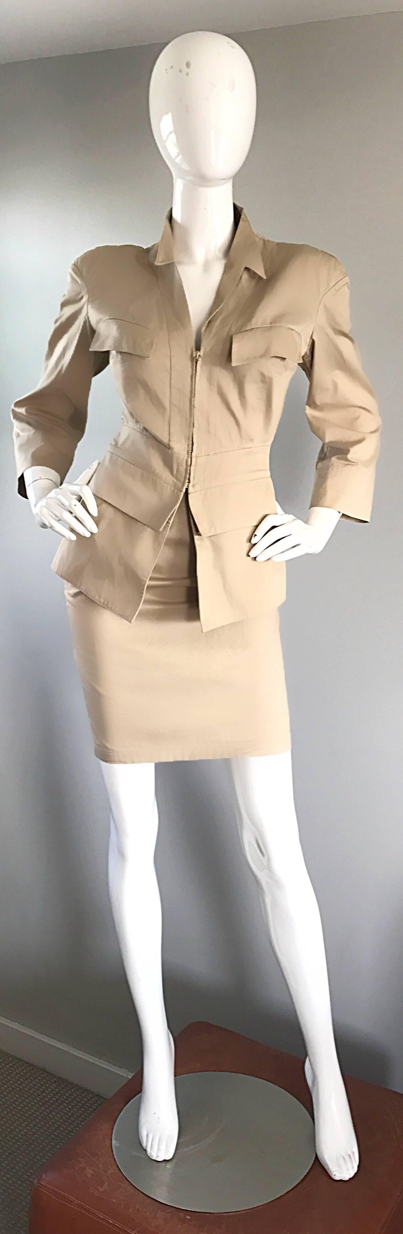 Thierry Mugler 1980s Khaki Safari Two Piece Vintage Bodycon 80s Skirt Suit For Sale 1