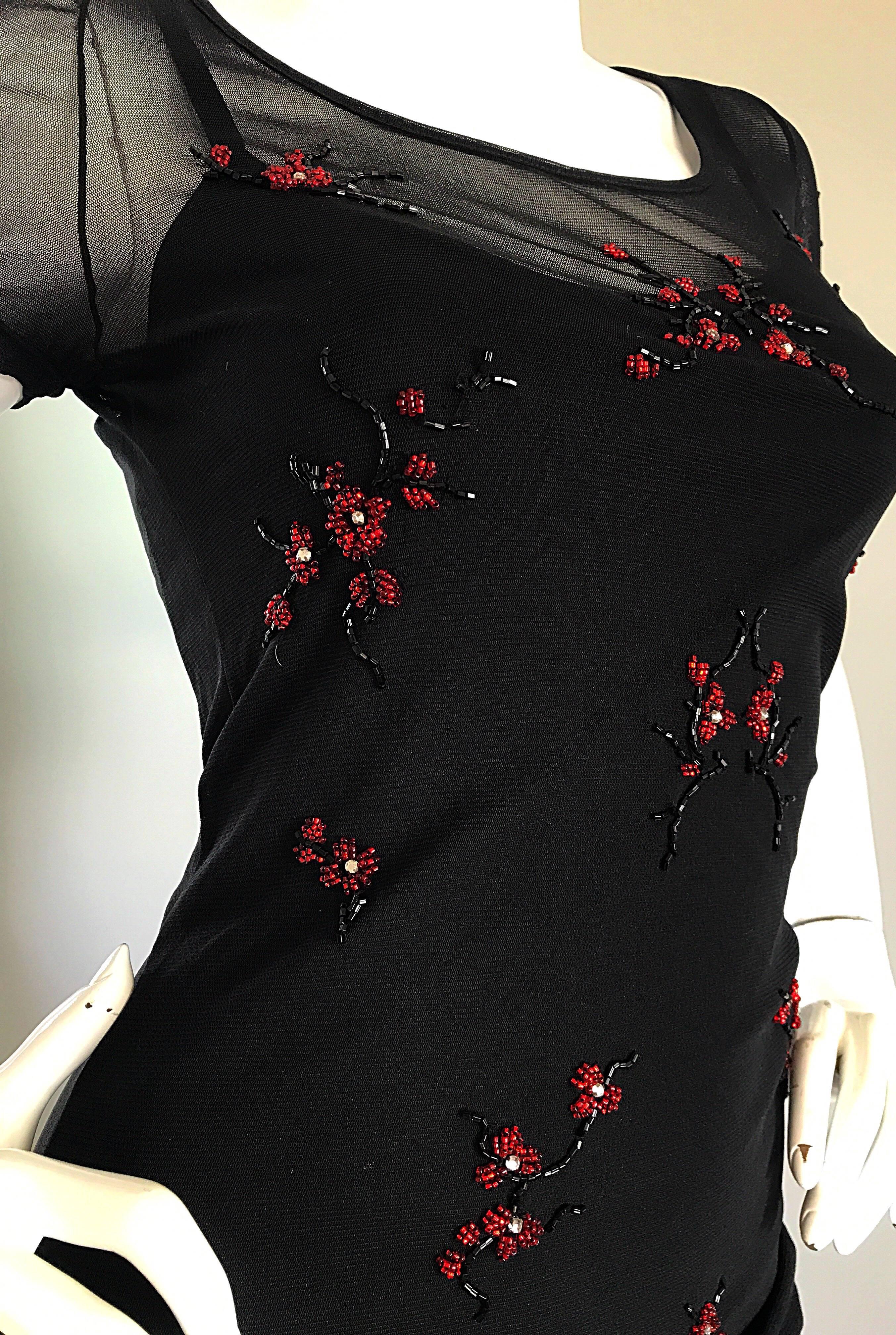 Beautiful vintage 1990s VIVIENNE TAM black and red beaded semi sheer midi dress and matching slip! Features thousands of 
hand-sewn red and black seed beads and rhinestones with an Asian influence. Wonderful form fitting silhouette stretches to fit.
