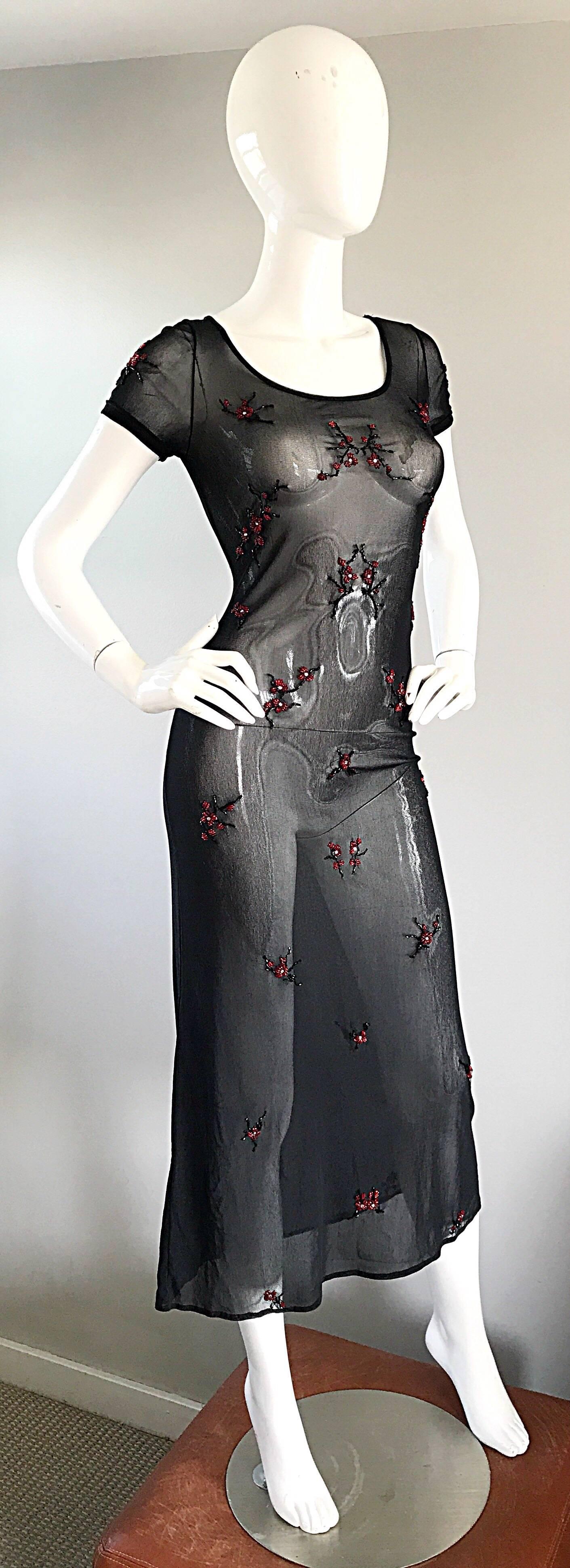 Vintage Vivienne Tam Black and Red Sheer Beaded 1990s 90s Midi Dress & Slip In Excellent Condition For Sale In San Diego, CA