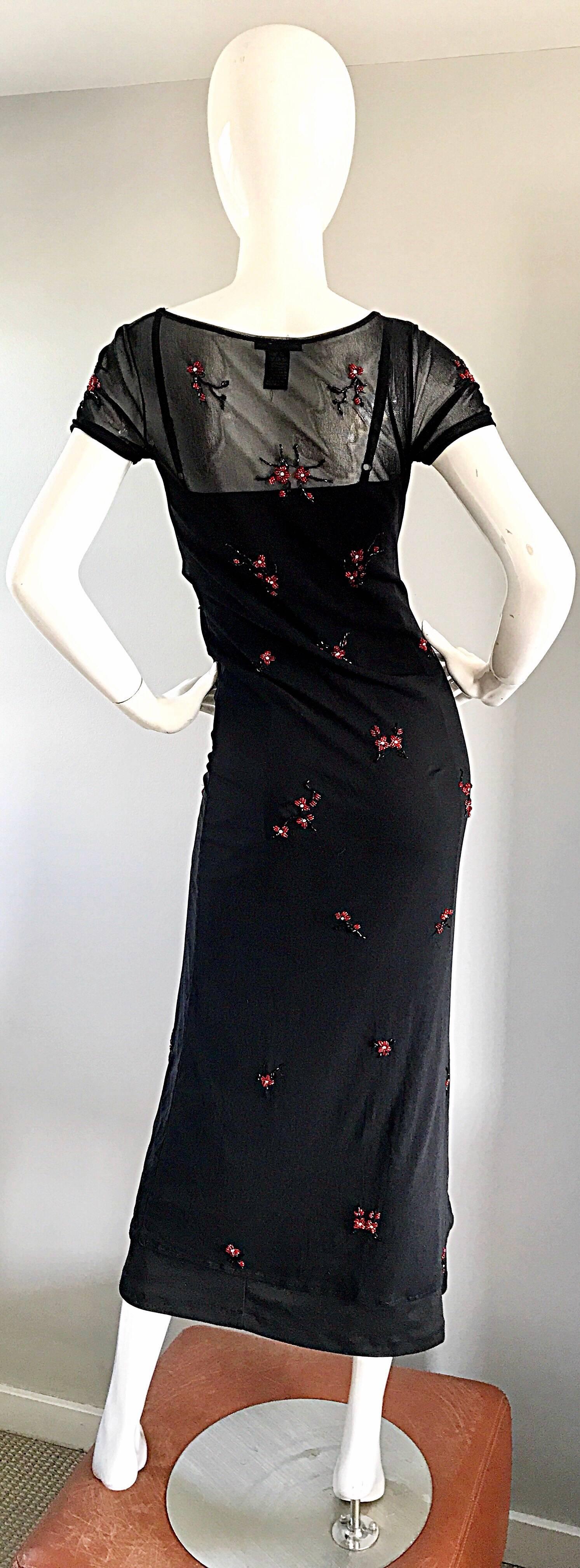 Vintage Vivienne Tam Black and Red Sheer Beaded 1990s 90s Midi Dress & Slip For Sale 1