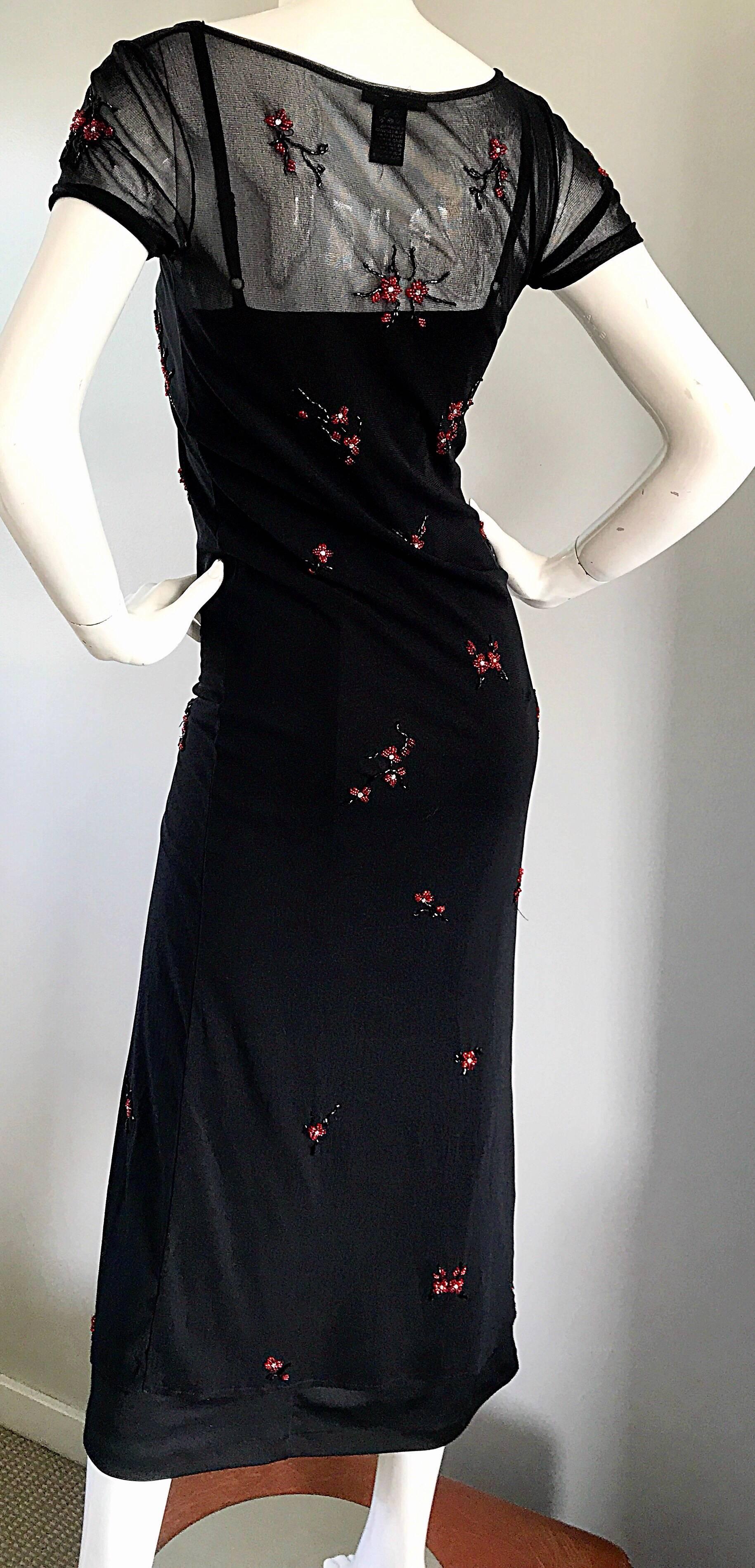 Vintage Vivienne Tam Black and Red Sheer Beaded 1990s 90s Midi Dress & Slip For Sale 2