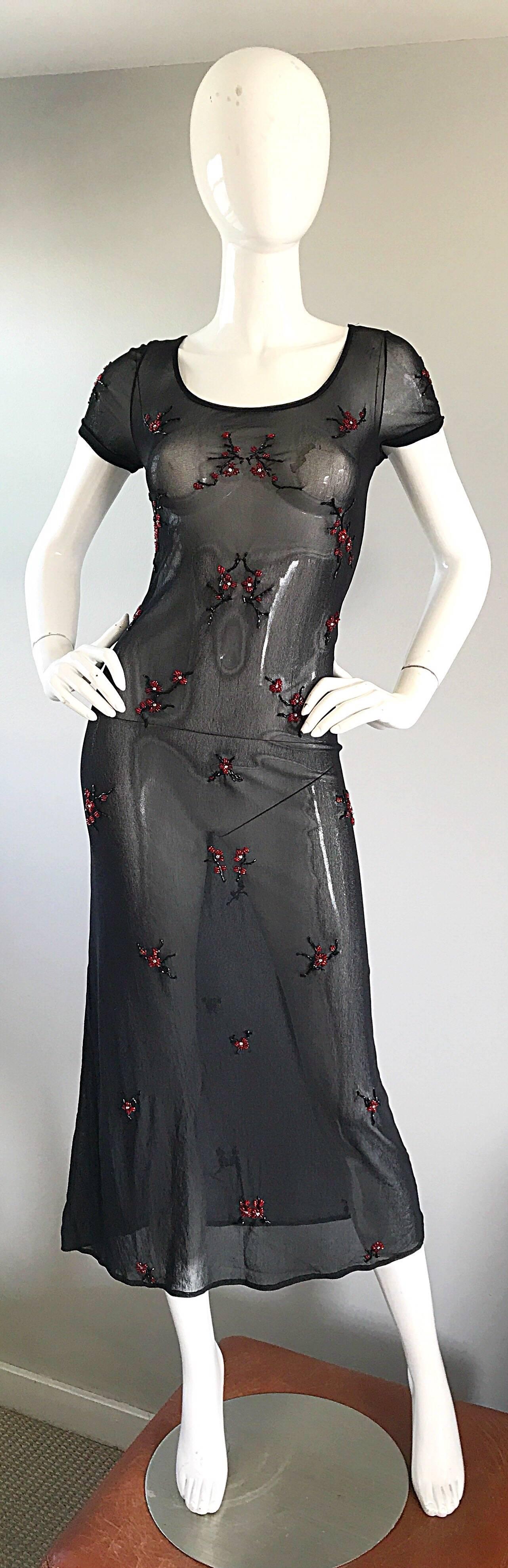 Vintage Vivienne Tam Black and Red Sheer Beaded 1990s 90s Midi Dress & Slip For Sale 3