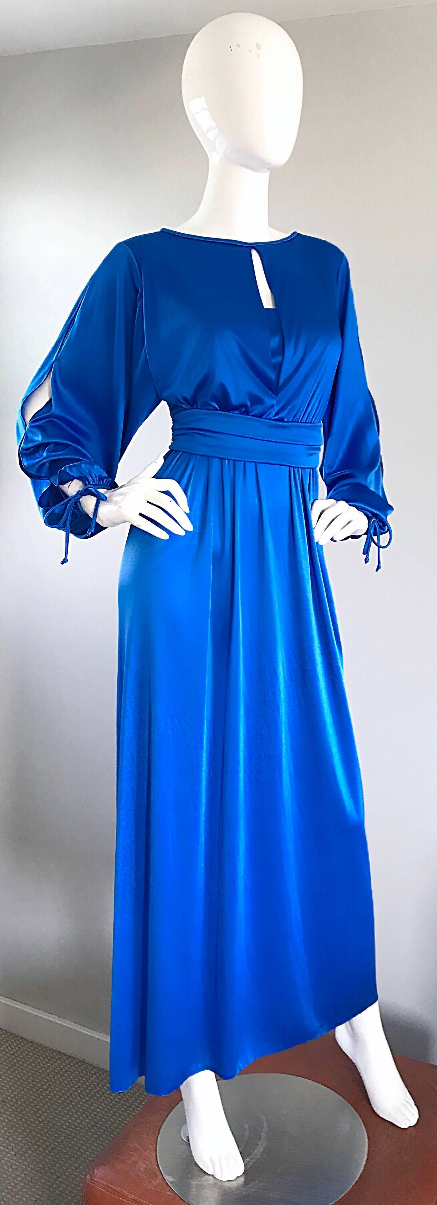 Women's 1970s House of Bianchi Royal Blue Cold Shoulder Vintage 70s Maxi Dress Gown