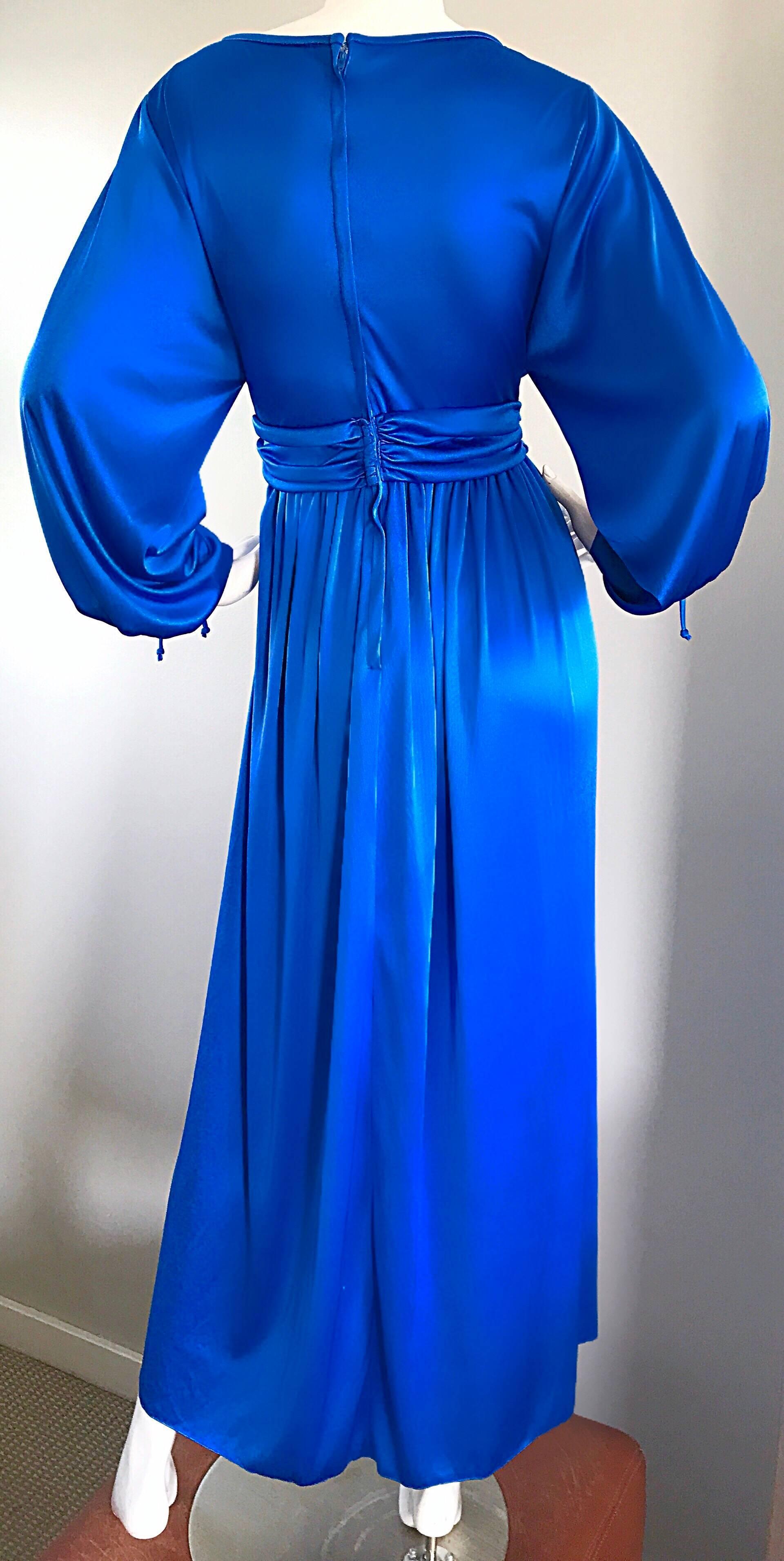 1970s House of Bianchi Royal Blue Cold Shoulder Vintage 70s Maxi Dress Gown 1