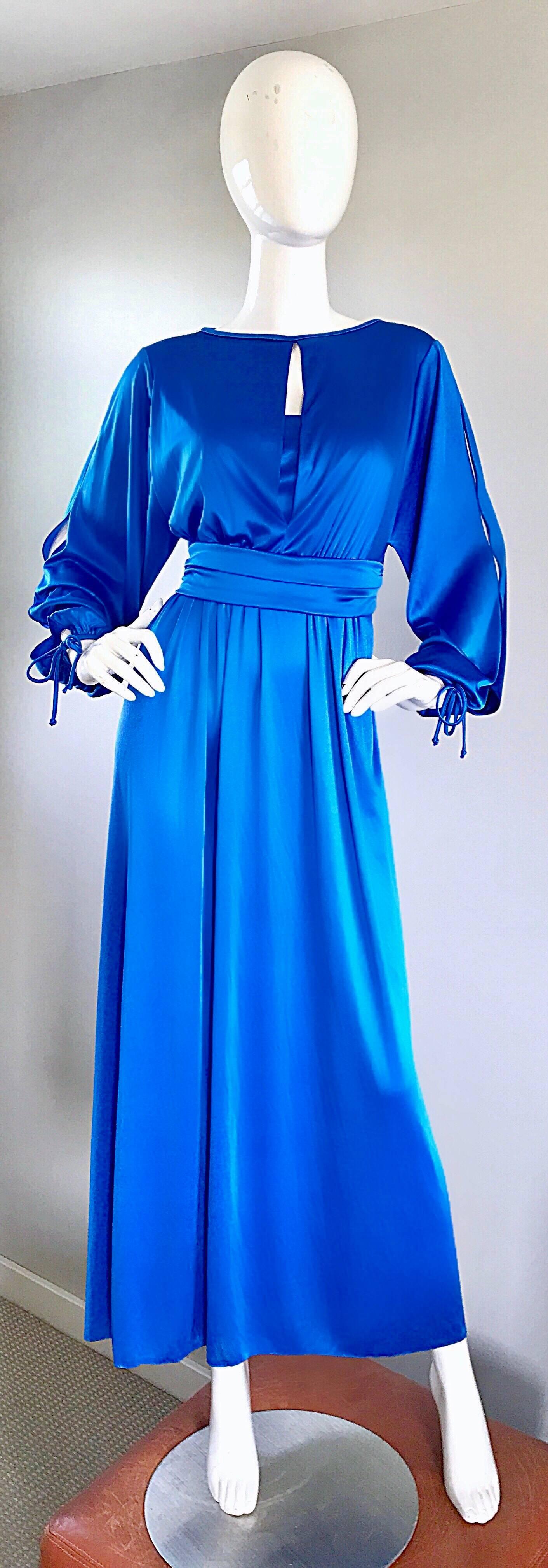 1970s House of Bianchi Royal Blue Cold Shoulder Vintage 70s Maxi Dress Gown 2