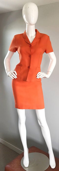 1990s Kenzo Bright Orange Linen Vintage Short Sleeve Two Piece Jacket Skirt Suit