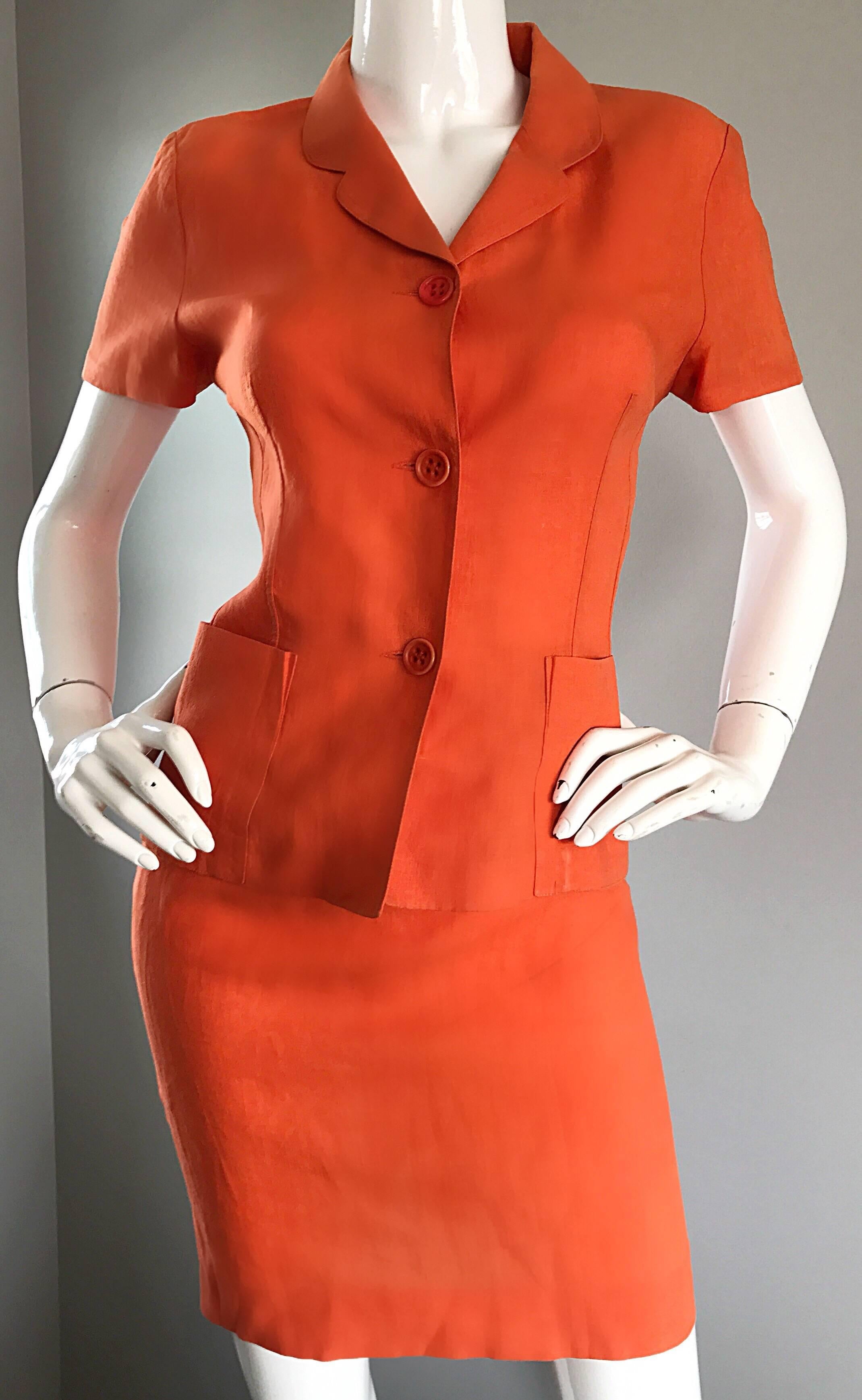 Red 1990s Kenzo Bright Orange Linen Vintage Short Sleeve Two Piece Jacket Skirt Suit For Sale