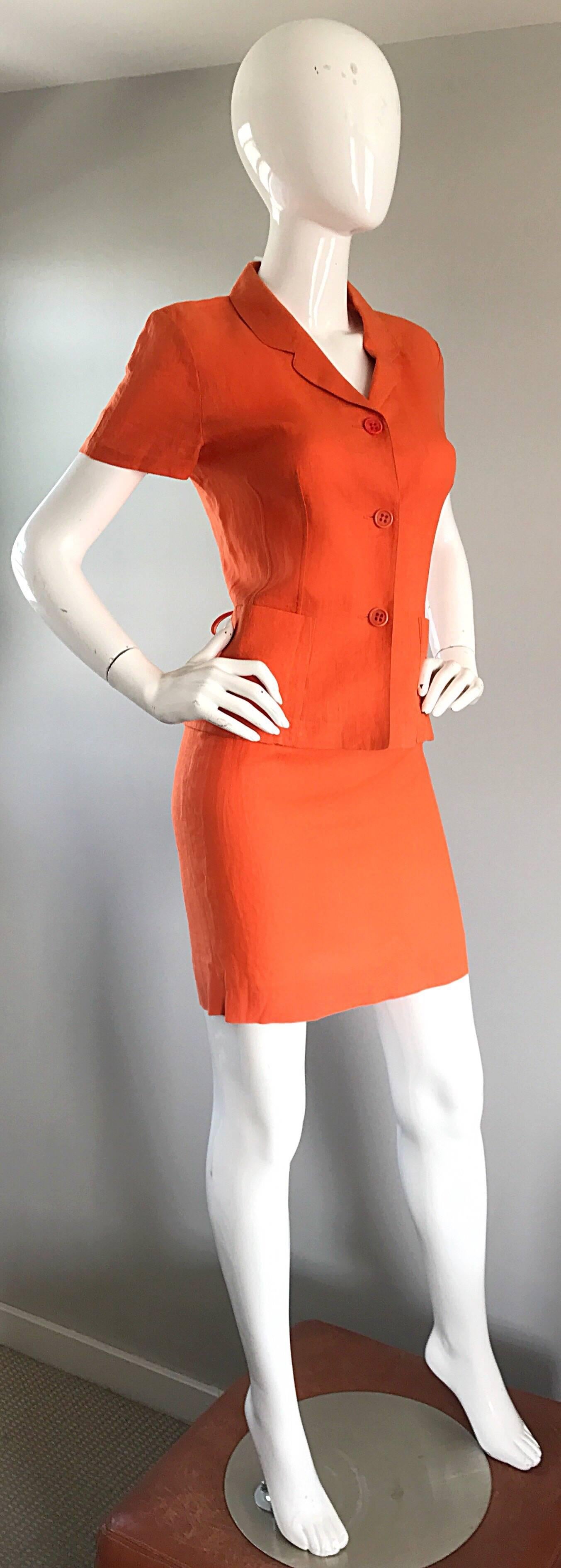 Women's 1990s Kenzo Bright Orange Linen Vintage Short Sleeve Two Piece Jacket Skirt Suit For Sale