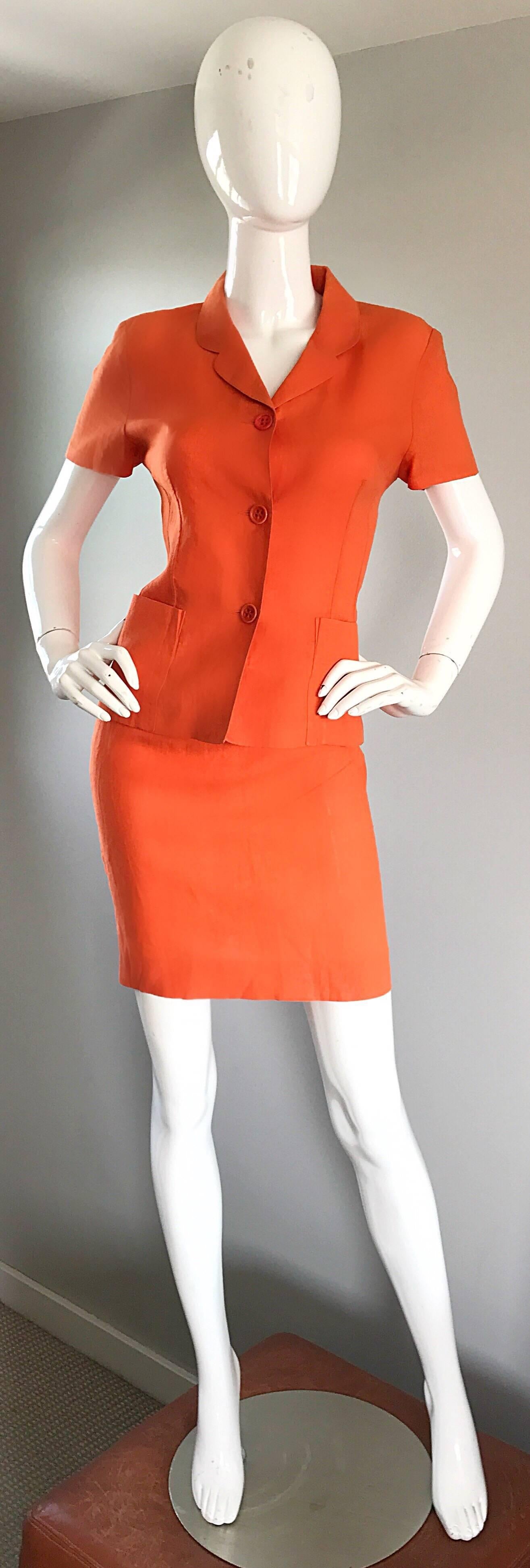 1990s Kenzo Bright Orange Linen Vintage Short Sleeve Two Piece Jacket Skirt Suit For Sale 1