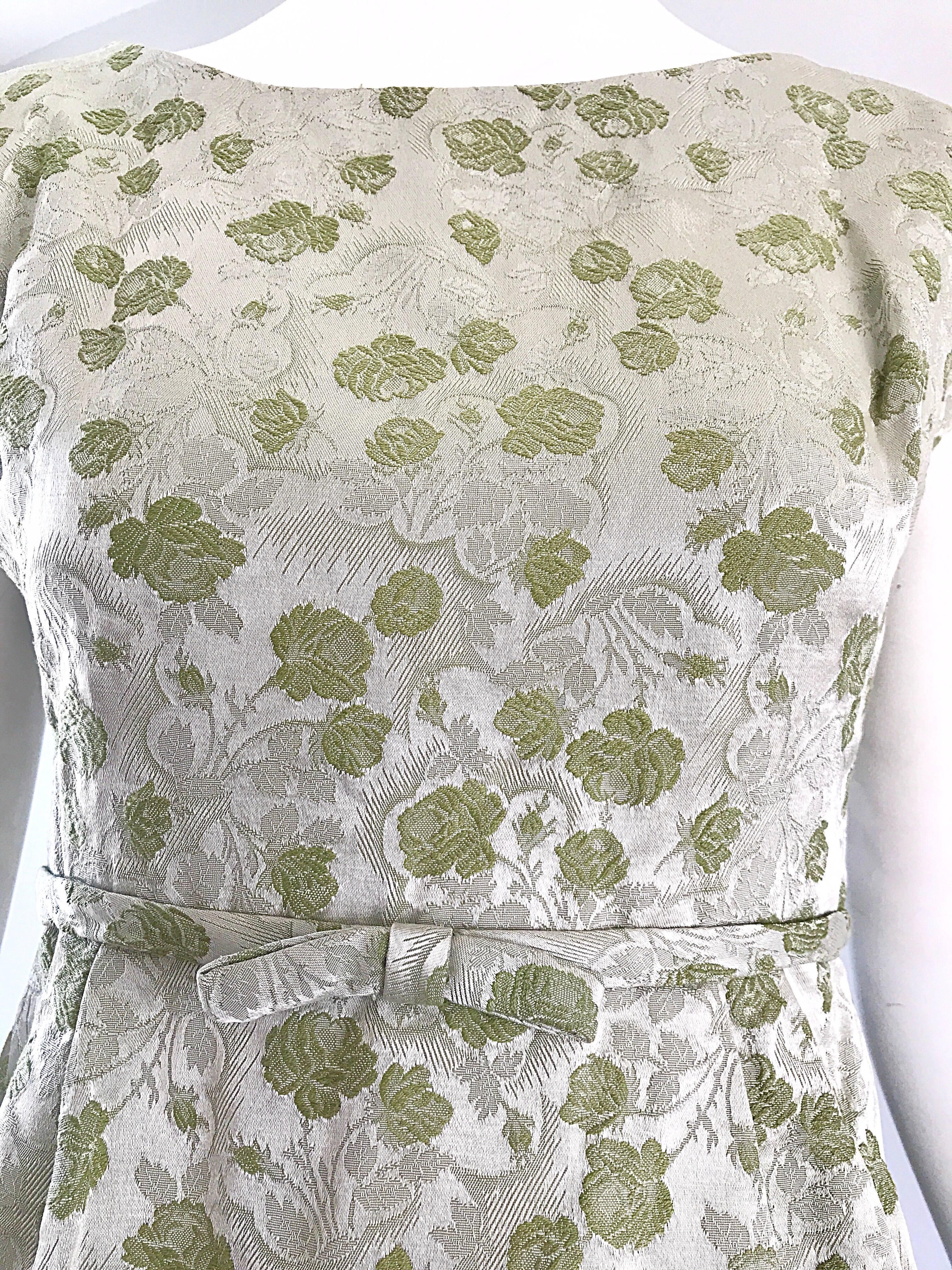 Beige 1950s Demi Couture Avocado Green Silk Brocade Vintage 50s Cap Sleeve Dress For Sale