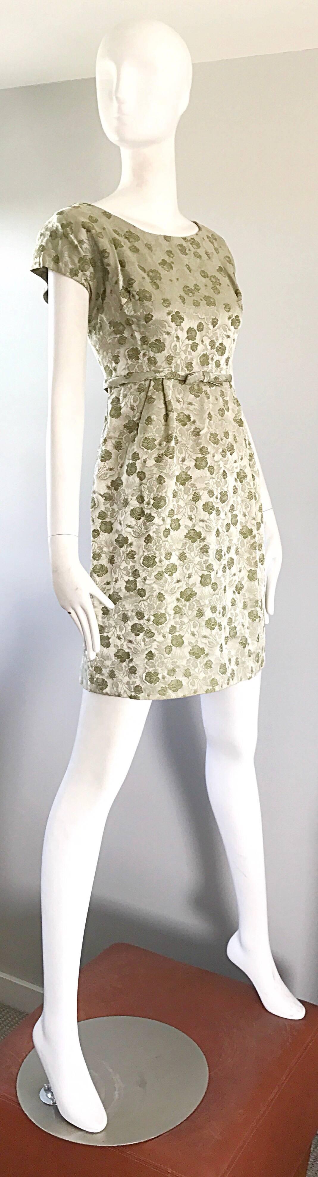 Women's 1950s Demi Couture Avocado Green Silk Brocade Vintage 50s Cap Sleeve Dress For Sale