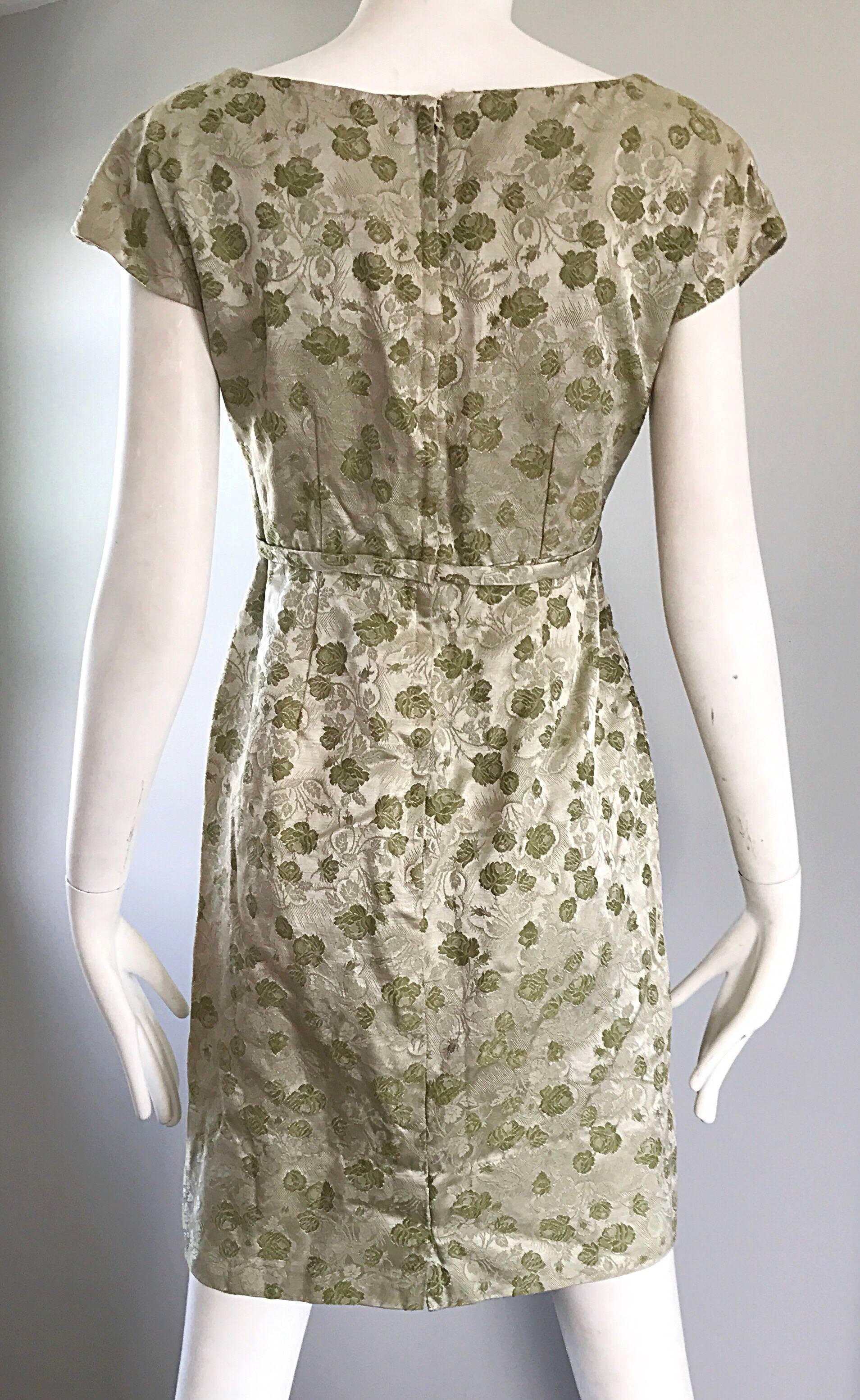 1950s Demi Couture Avocado Green Silk Brocade Vintage 50s Cap Sleeve Dress For Sale 1