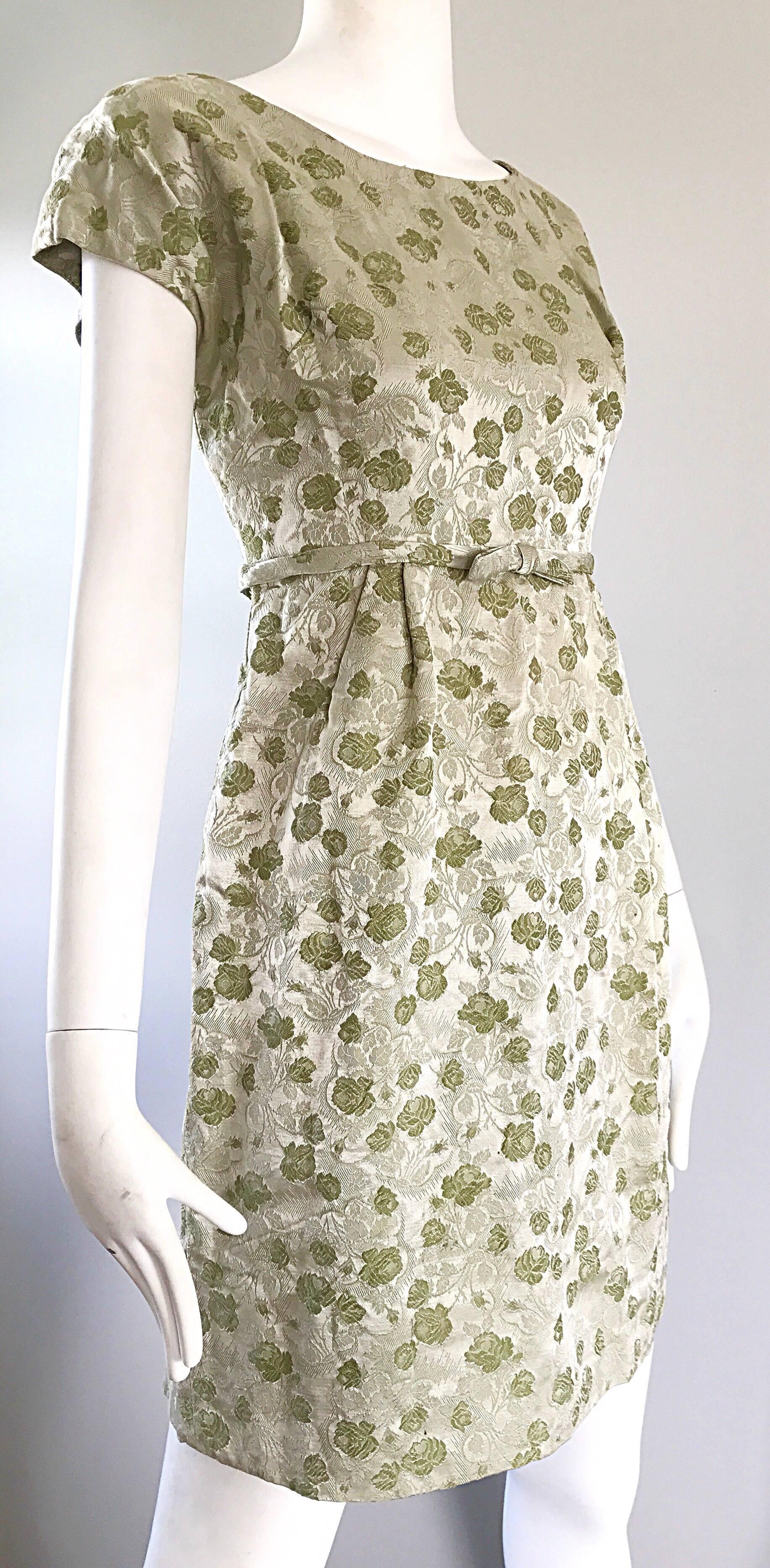 1950s Demi Couture Avocado Green Silk Brocade Vintage 50s Cap Sleeve Dress For Sale 2