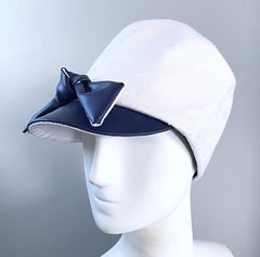 1960s Oleg Cassini Navy Blue + White Mod Linen + Silk Nautical Vintage 60s Hat