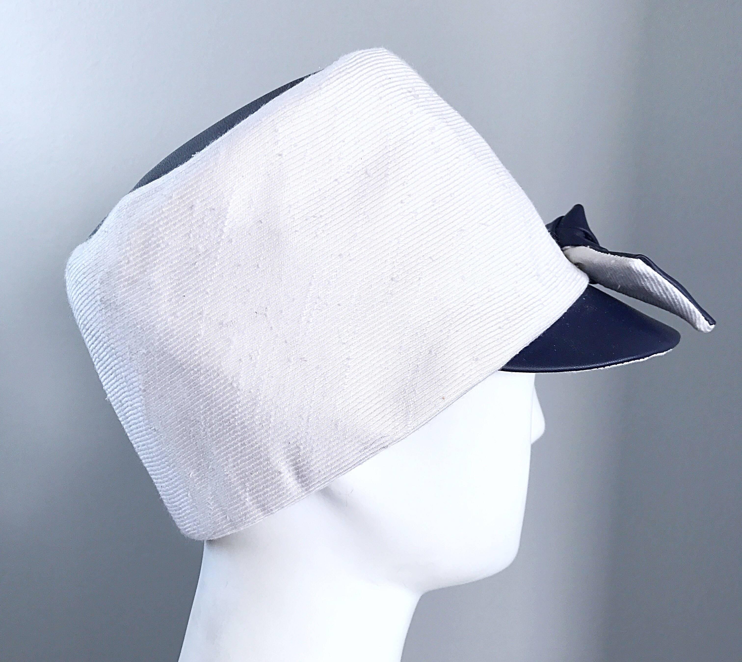 Gray 1960s Oleg Cassini Navy Blue + White Mod Linen + Silk Nautical Vintage 60s Hat  For Sale