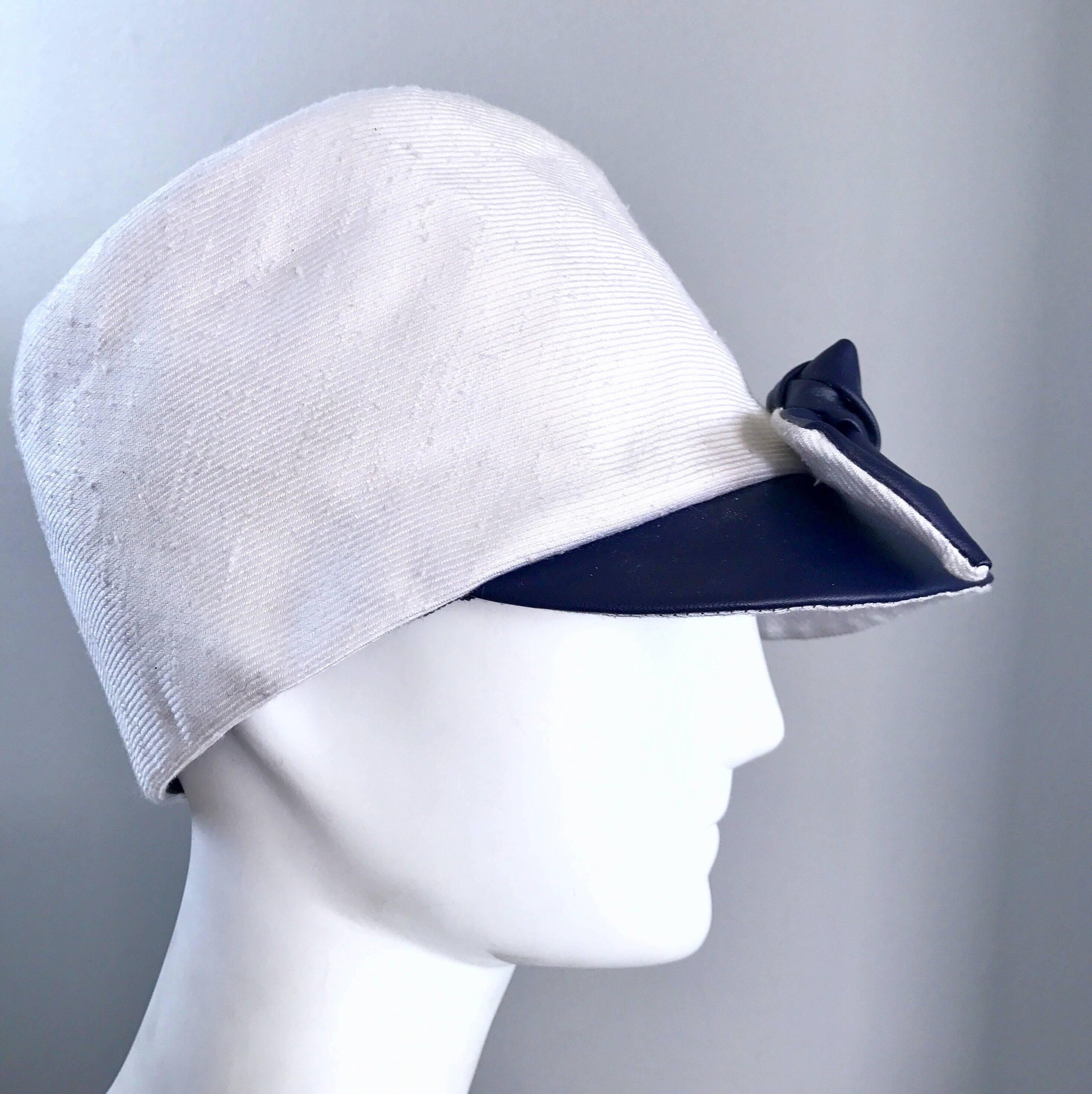 1960s Oleg Cassini Navy Blue + White Mod Linen + Silk Nautical Vintage 60s Hat  For Sale 1