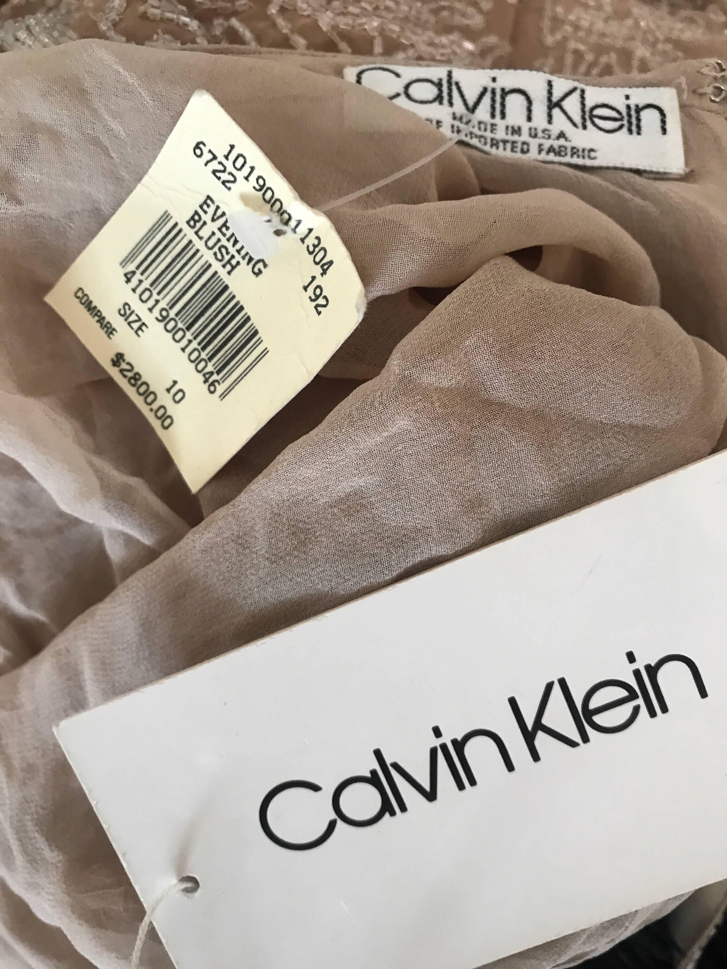 Brown NWT $3k 1990s Calvin Klein Size 10 Nude Silk Chiffon Beaded 90s Babydoll Dress 