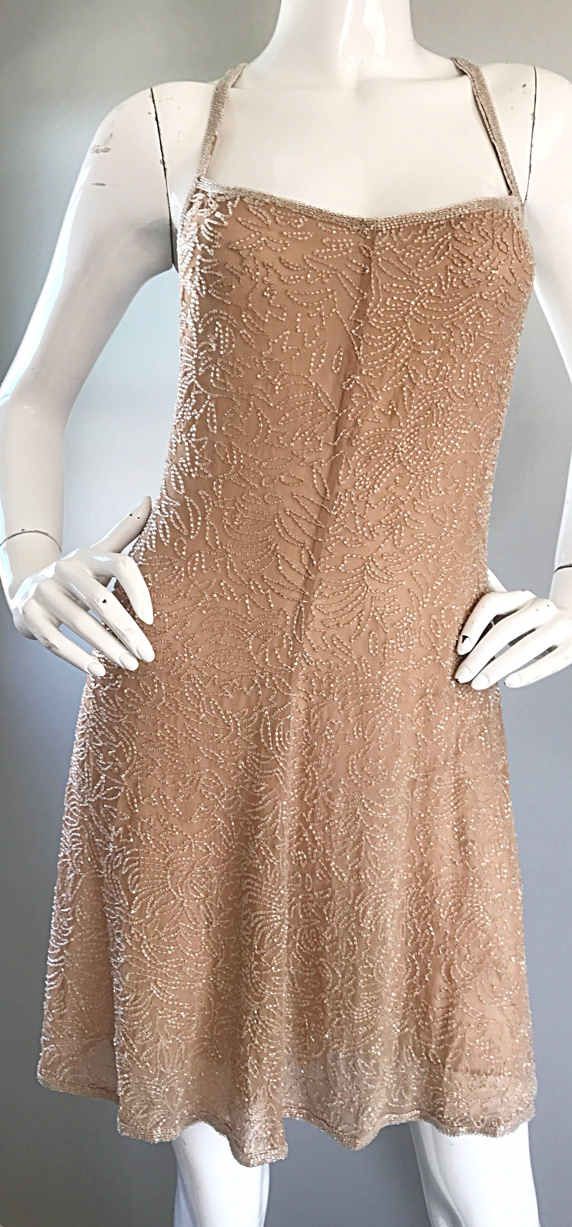 NWT $3k 1990s Calvin Klein Size 10 Nude Silk Chiffon Beaded 90s Babydoll Dress  In New Condition In San Diego, CA