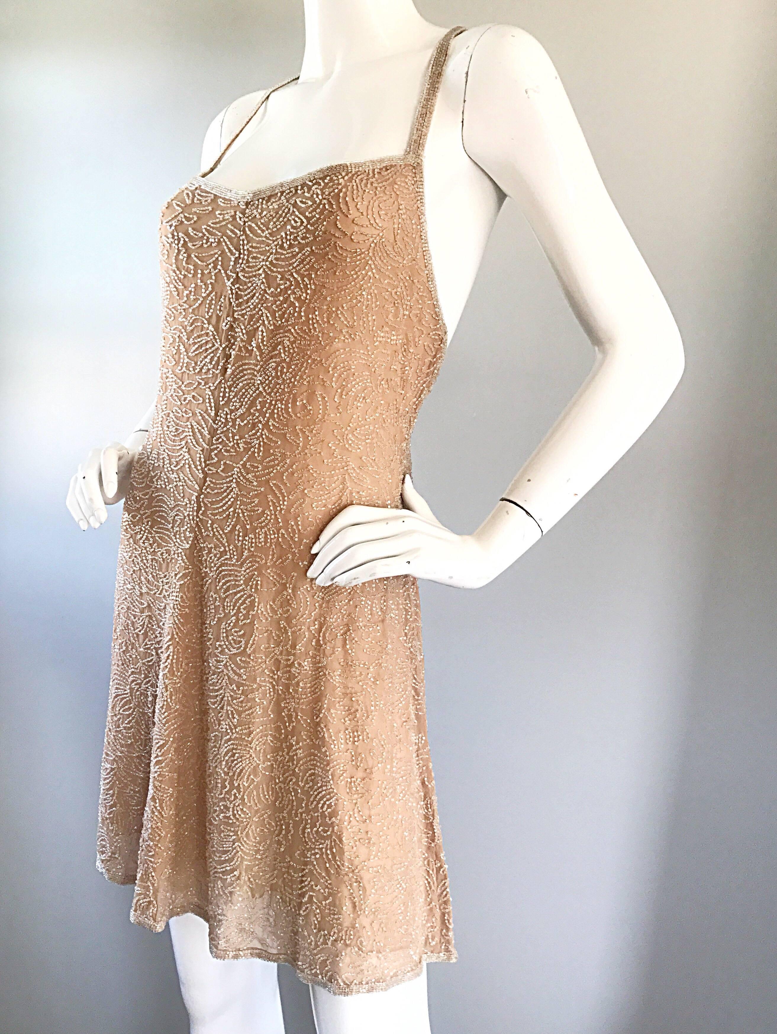 Women's NWT $3k 1990s Calvin Klein Size 10 Nude Silk Chiffon Beaded 90s Babydoll Dress 