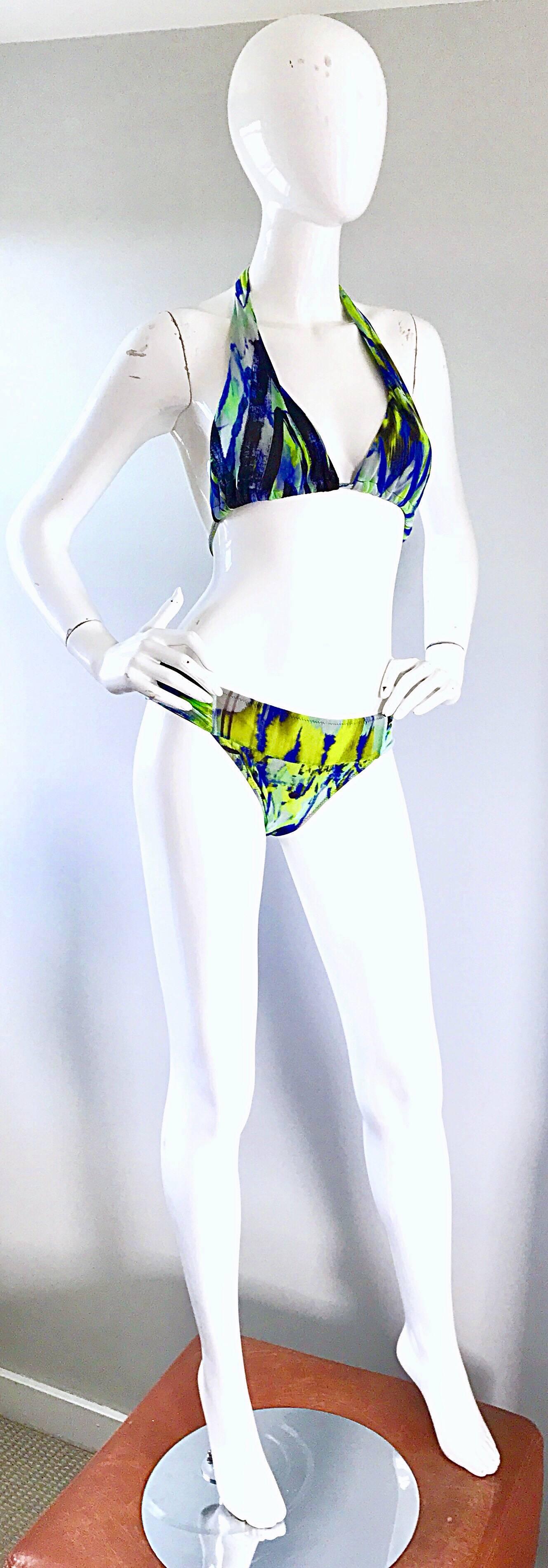 NWT Jean Paul Gaultier 1990er Jahre Vintage Blau Grün Halter zweiteiliger Bikini-Badeanzug im Angebot 1