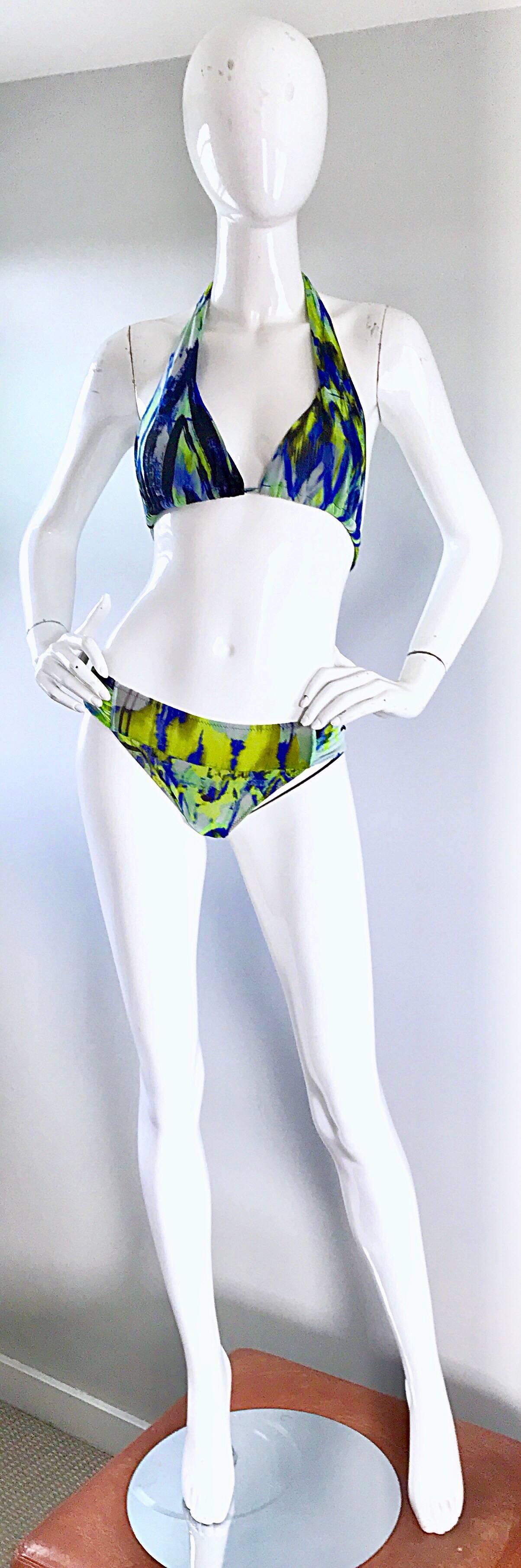 NWT Jean Paul Gaultier 1990s Vintage Blue Green Halter Two Piece Bikini Swimsuit For Sale 1