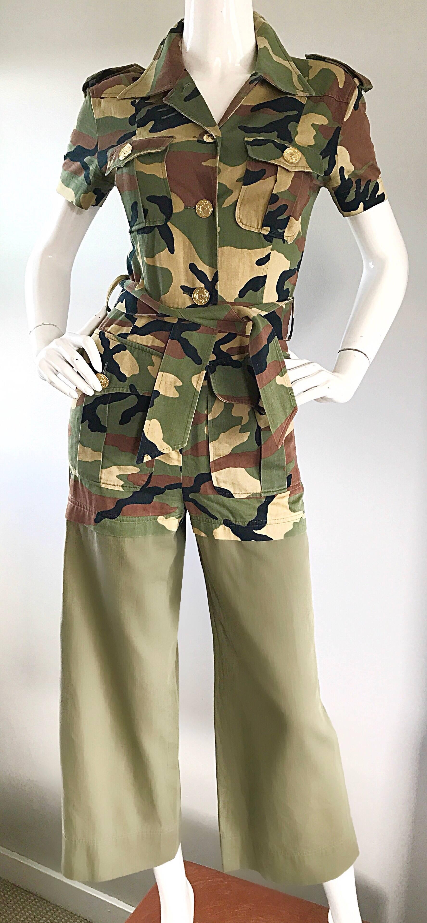 Brown Vintage Moschino Camouflage 1990s Belted 90s Rare Safari Cargo Jumpsuit Romper For Sale