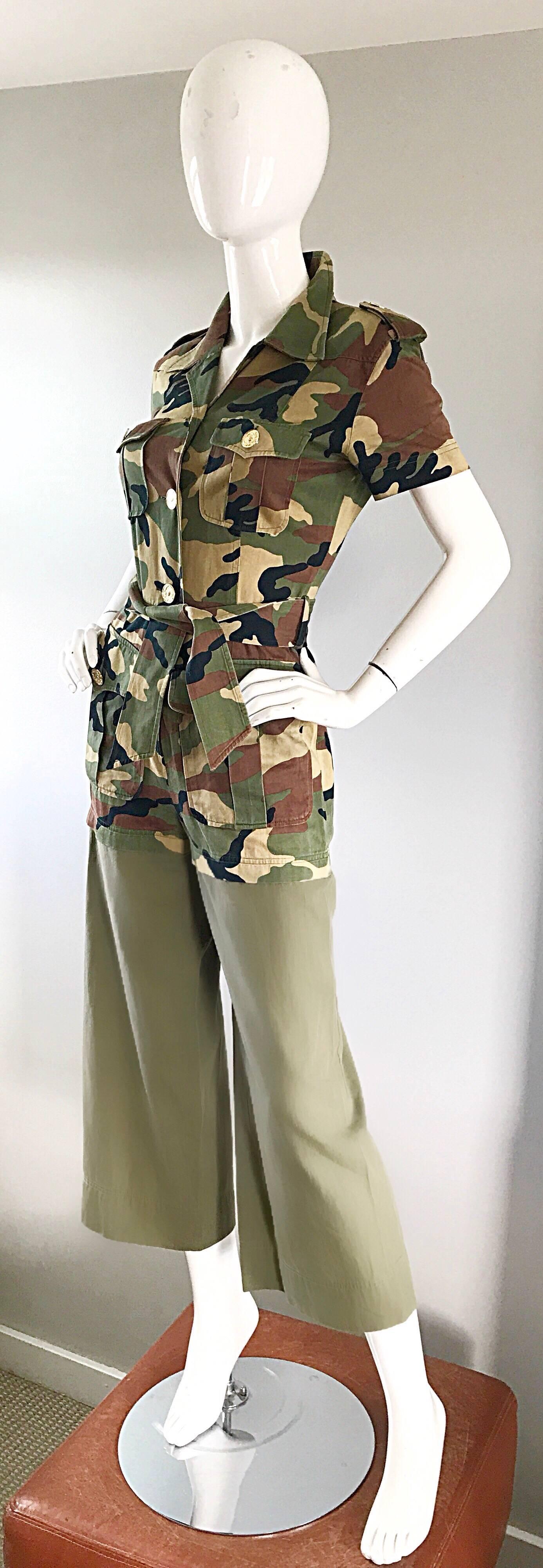 Vintage Moschino Camouflage 1990s Belted 90s Rare Safari Cargo Jumpsuit Romper In Excellent Condition For Sale In San Diego, CA