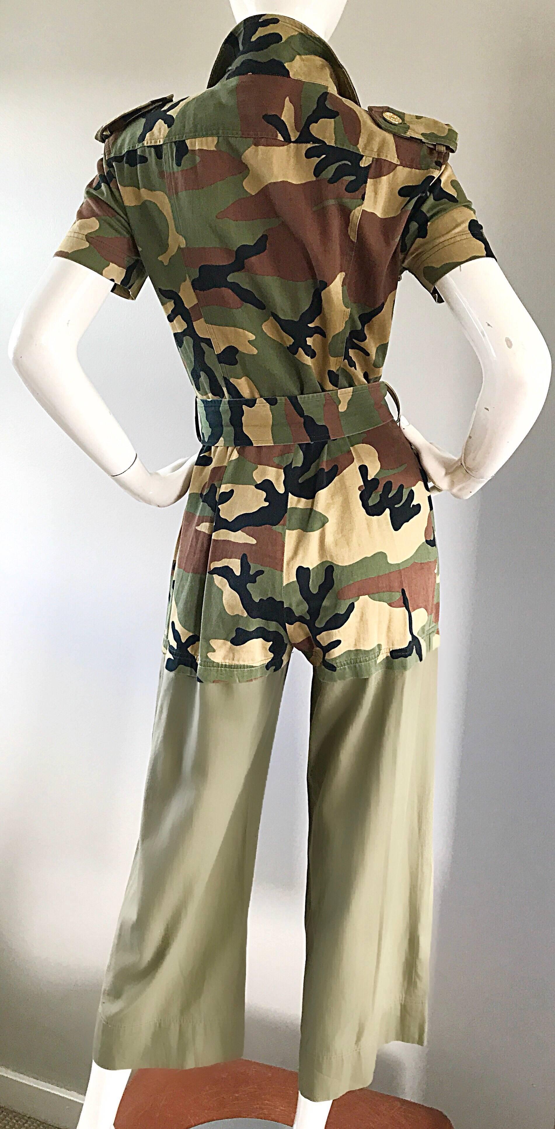 Women's Vintage Moschino Camouflage 1990s Belted 90s Rare Safari Cargo Jumpsuit Romper For Sale