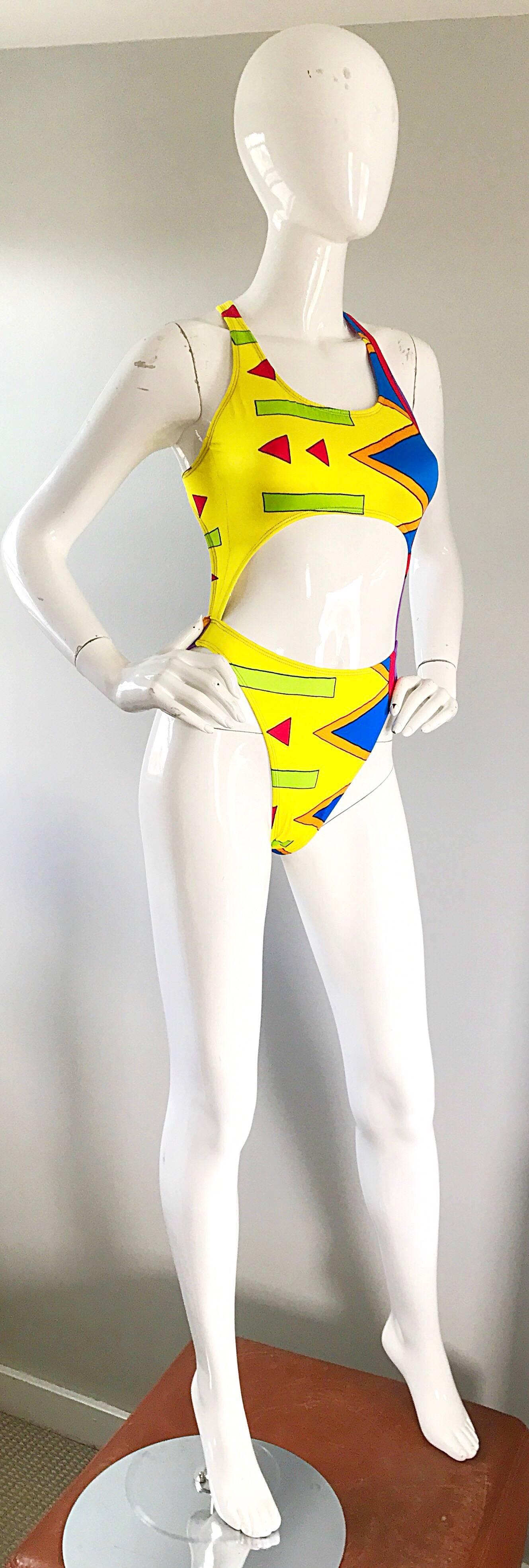 Yellow 1990s Sexy Cut - Out Bright Colored Vintage One Piece Abstract Swimsuit Bodysuit For Sale