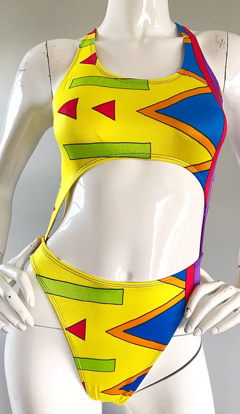 1990s Sexy Cut Out Bright Colored Vintage One Piece Abstract Swimsuit Bodysuit For Sale At