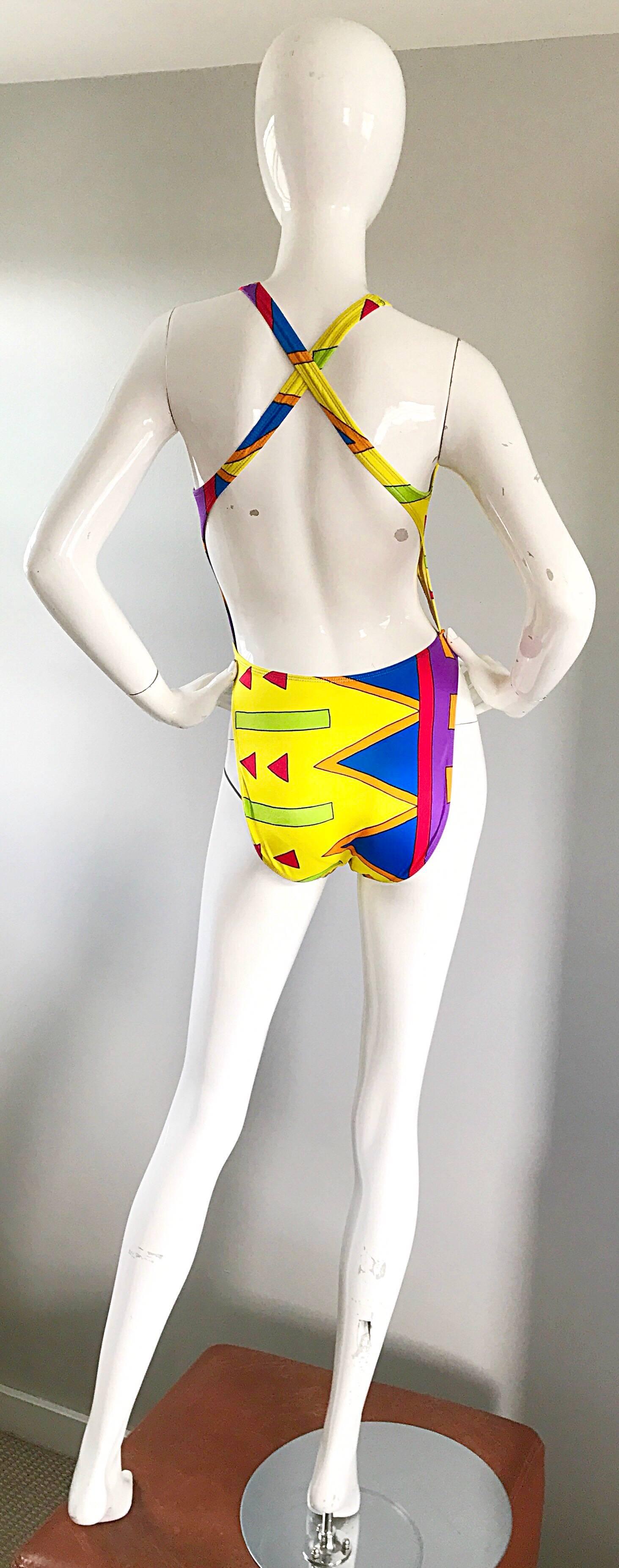 Women's 1990s Sexy Cut - Out Bright Colored Vintage One Piece Abstract Swimsuit Bodysuit For Sale