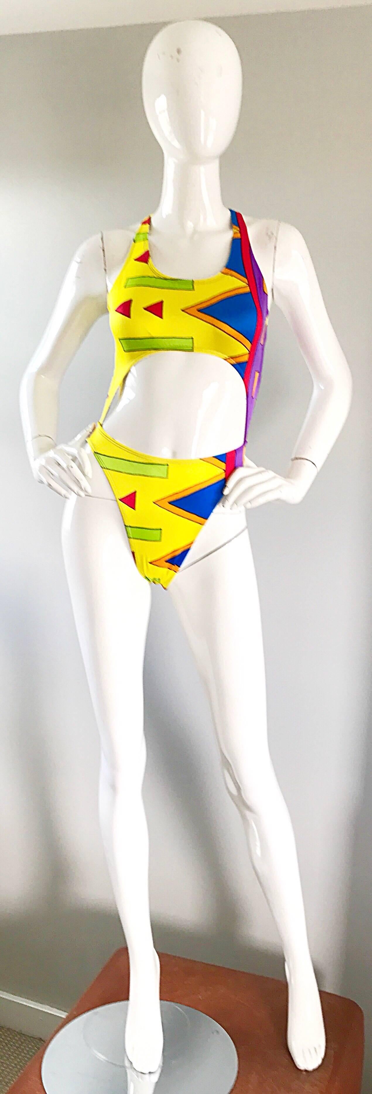 1990s Sexy Cut - Out Bright Colored Vintage One Piece Abstract Swimsuit Bodysuit For Sale 1