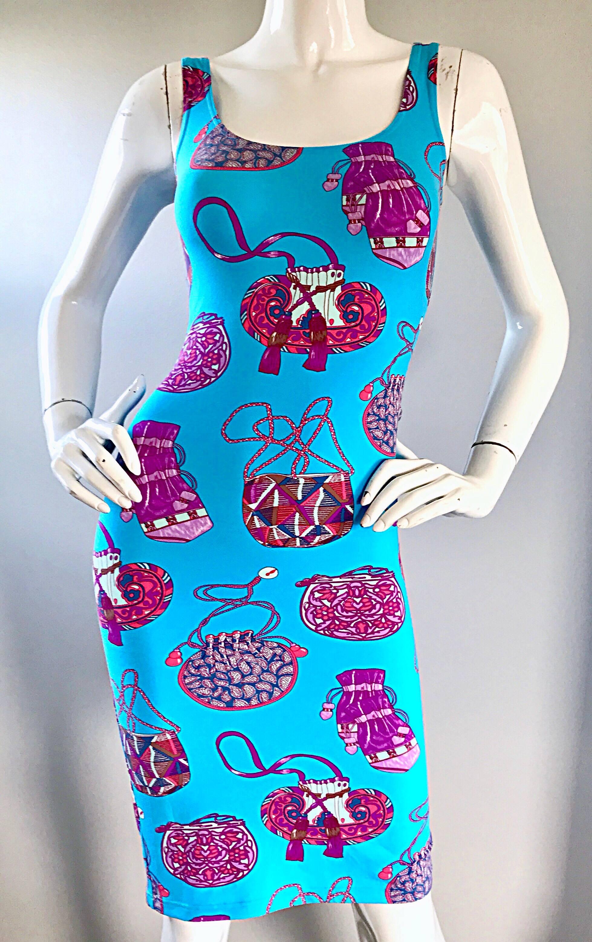 New 1990s Manuel Canovas Novelty Purse Handbag Print Blue + Pink Bodycon Dress In New Condition In San Diego, CA