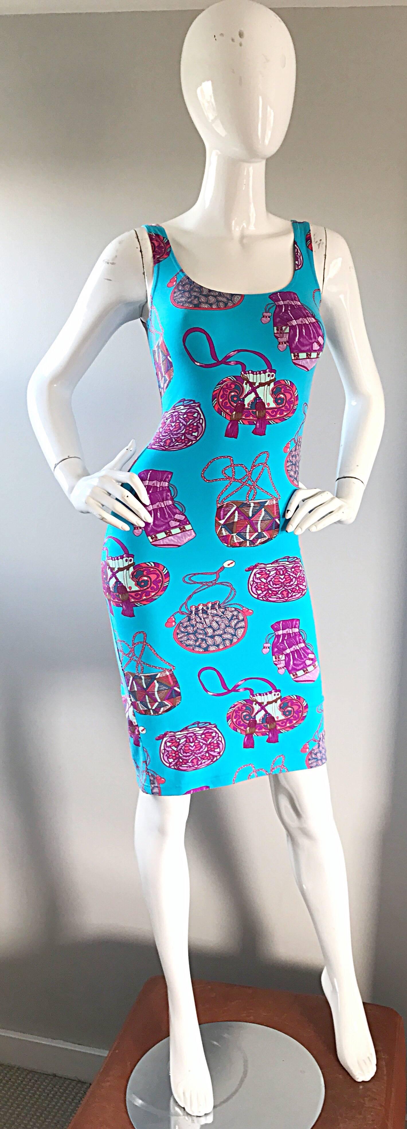 Women's New 1990s Manuel Canovas Novelty Purse Handbag Print Blue + Pink Bodycon Dress