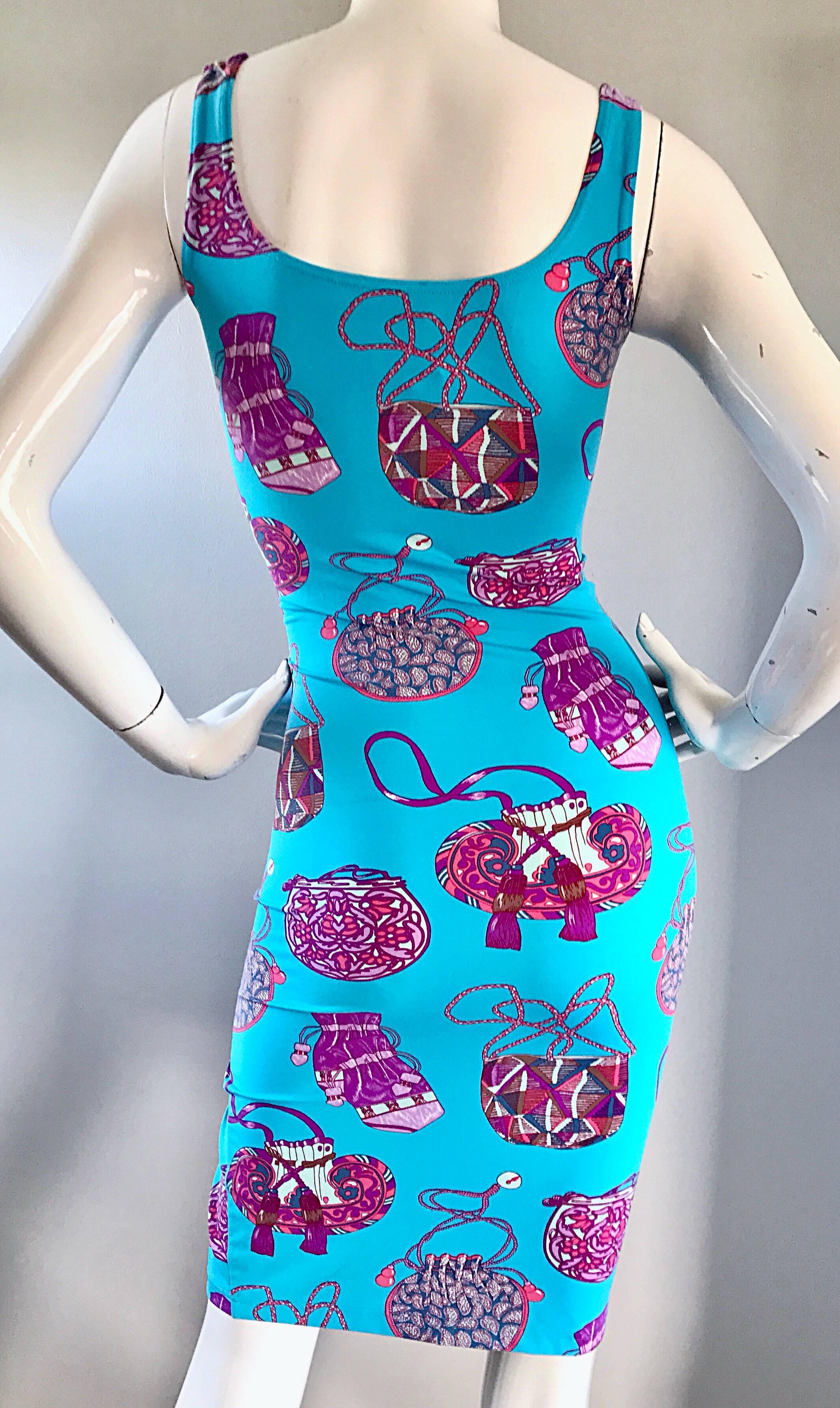 New 1990s Manuel Canovas Novelty Purse Handbag Print Blue + Pink Bodycon Dress 1