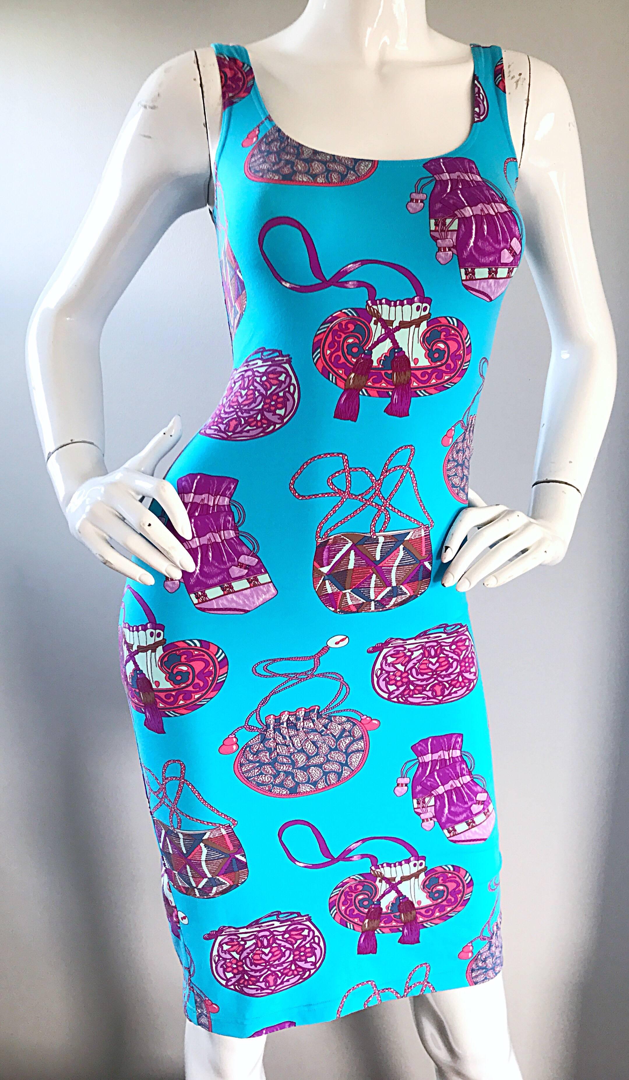 New 1990s Manuel Canovas Novelty Purse Handbag Print Blue + Pink Bodycon Dress 2
