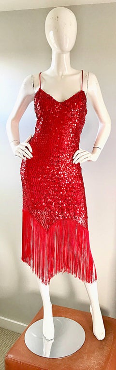 Vintage Joy Stevens 1970er Jahre 1920er Jahre Flapper Style Pailletten Gr. 10 Fransen rotes Kleid