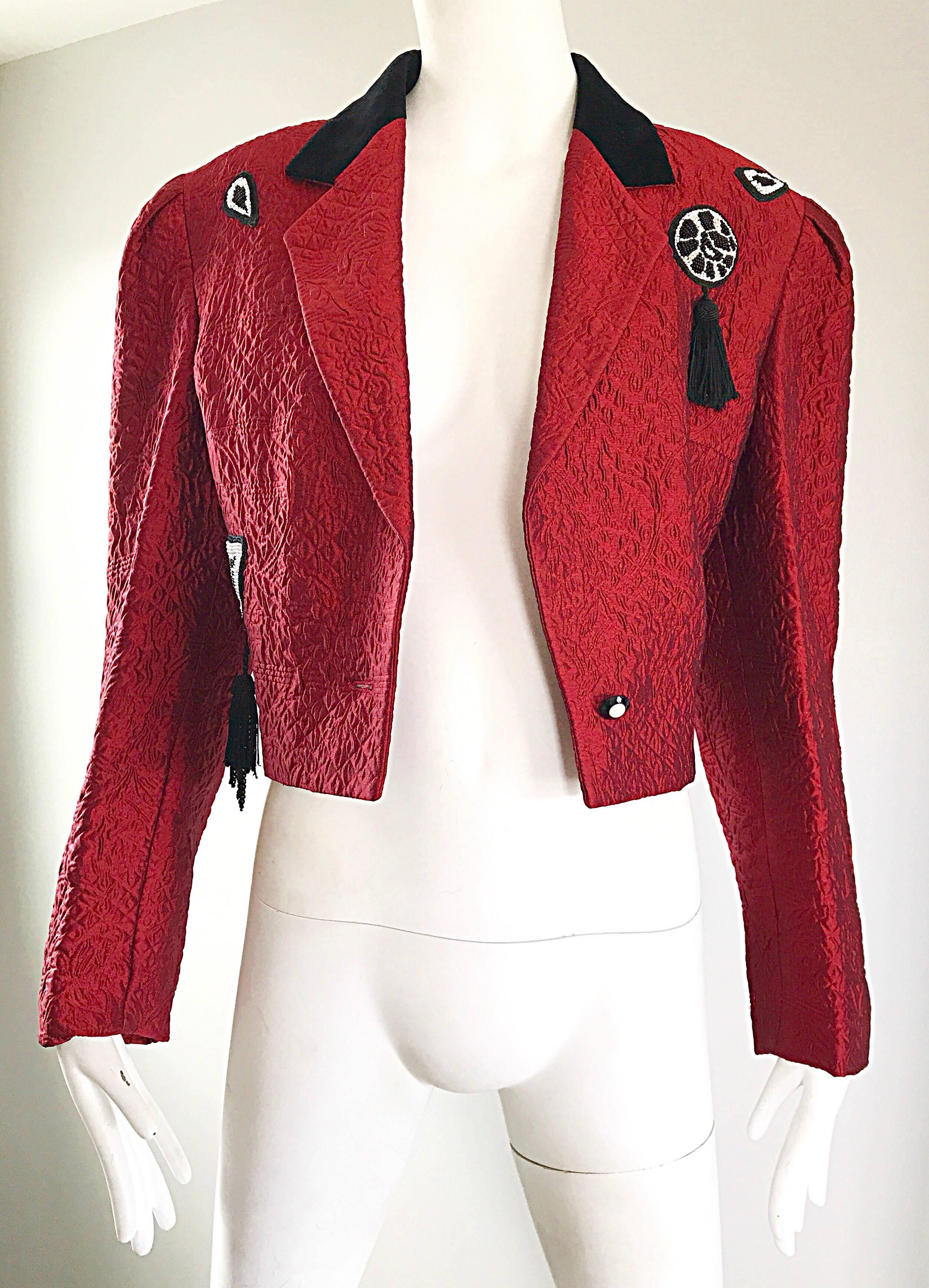 1990s Louis Feraud Red + Black Beaded Tassel Size 8 Cropped Silk Bolero Jacket In Excellent Condition In San Diego, CA