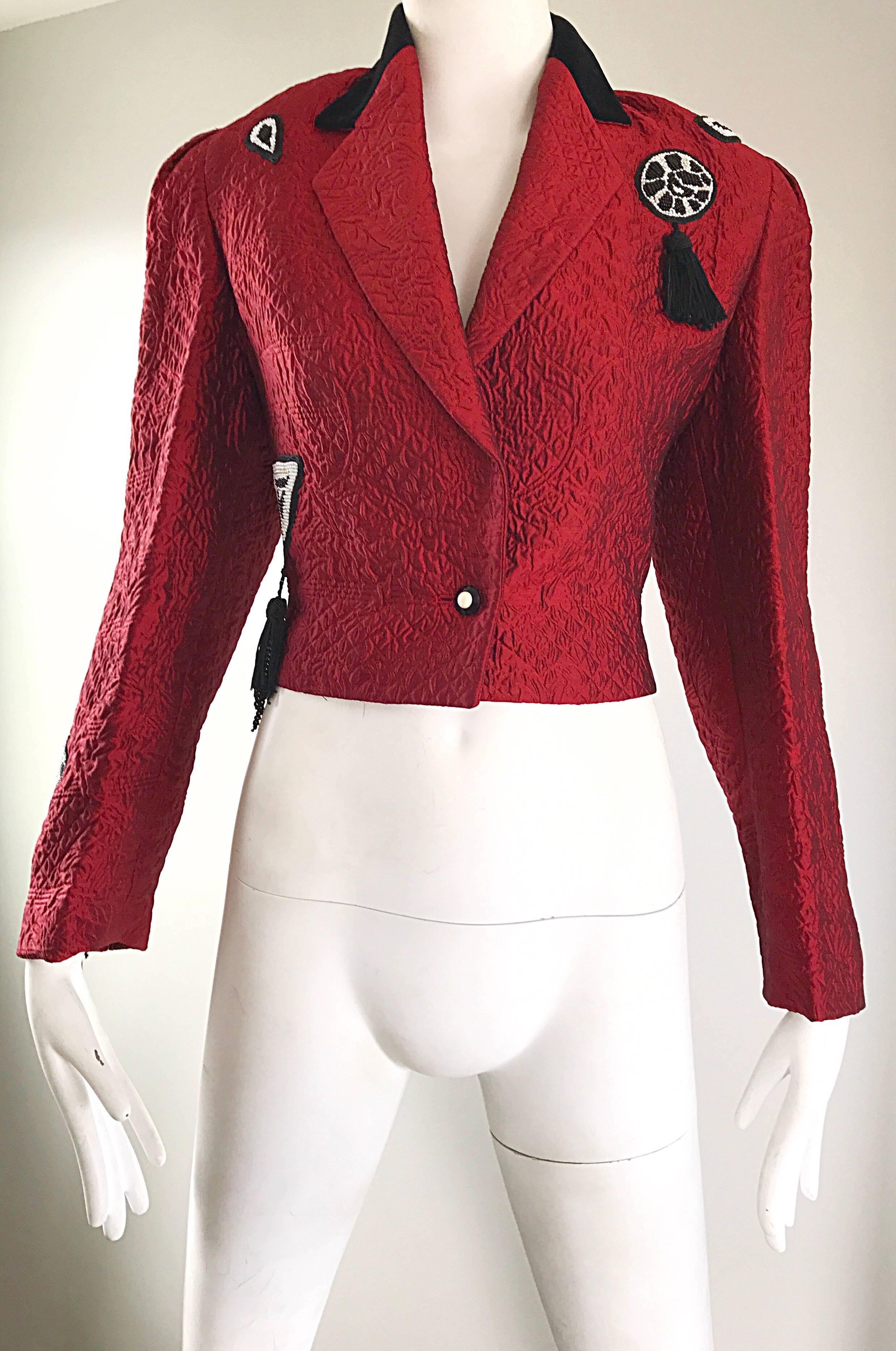 Women's 1990s Louis Feraud Red + Black Beaded Tassel Size 8 Cropped Silk Bolero Jacket