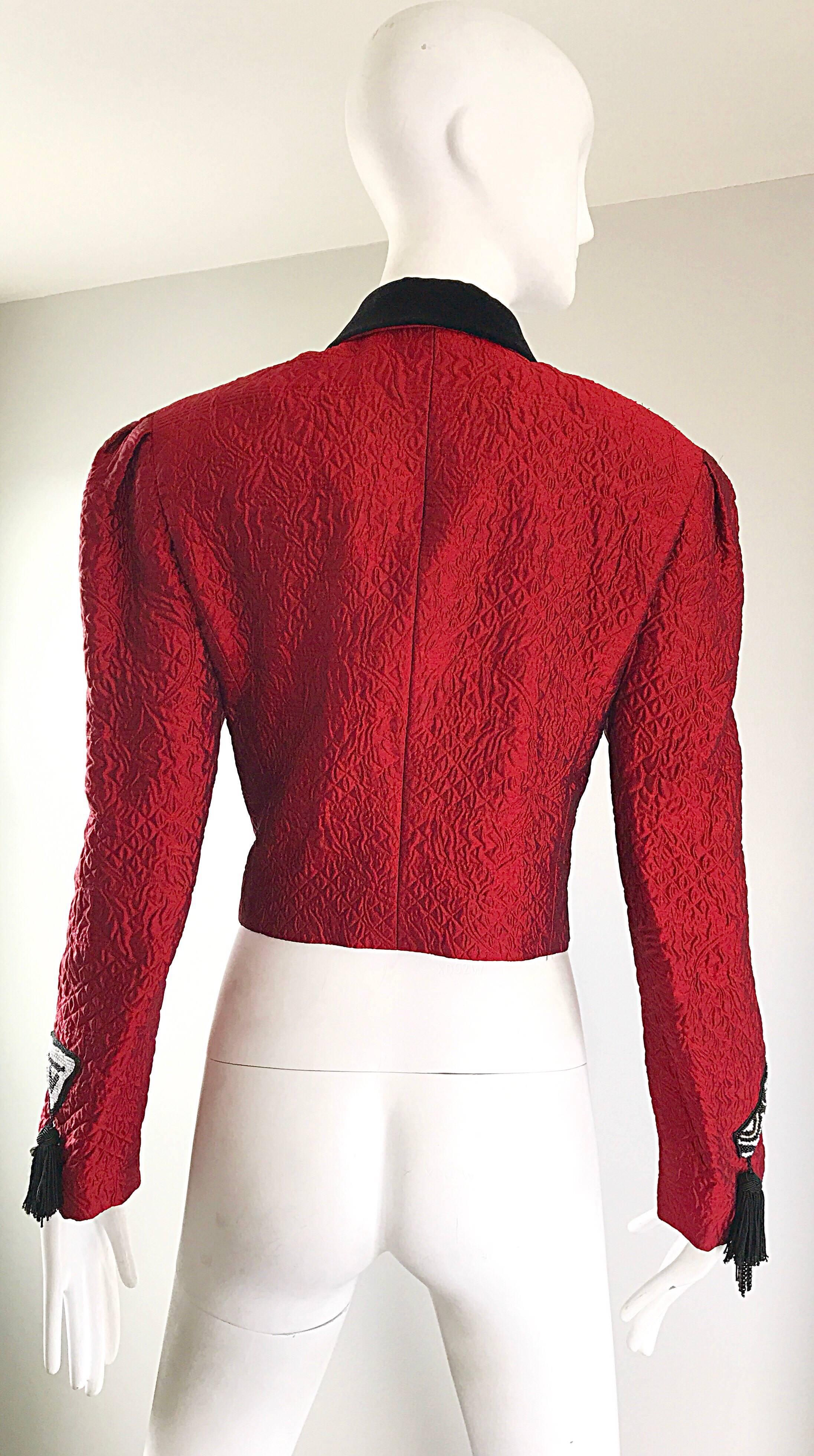 1990s Louis Feraud Red + Black Beaded Tassel Size 8 Cropped Silk Bolero ...