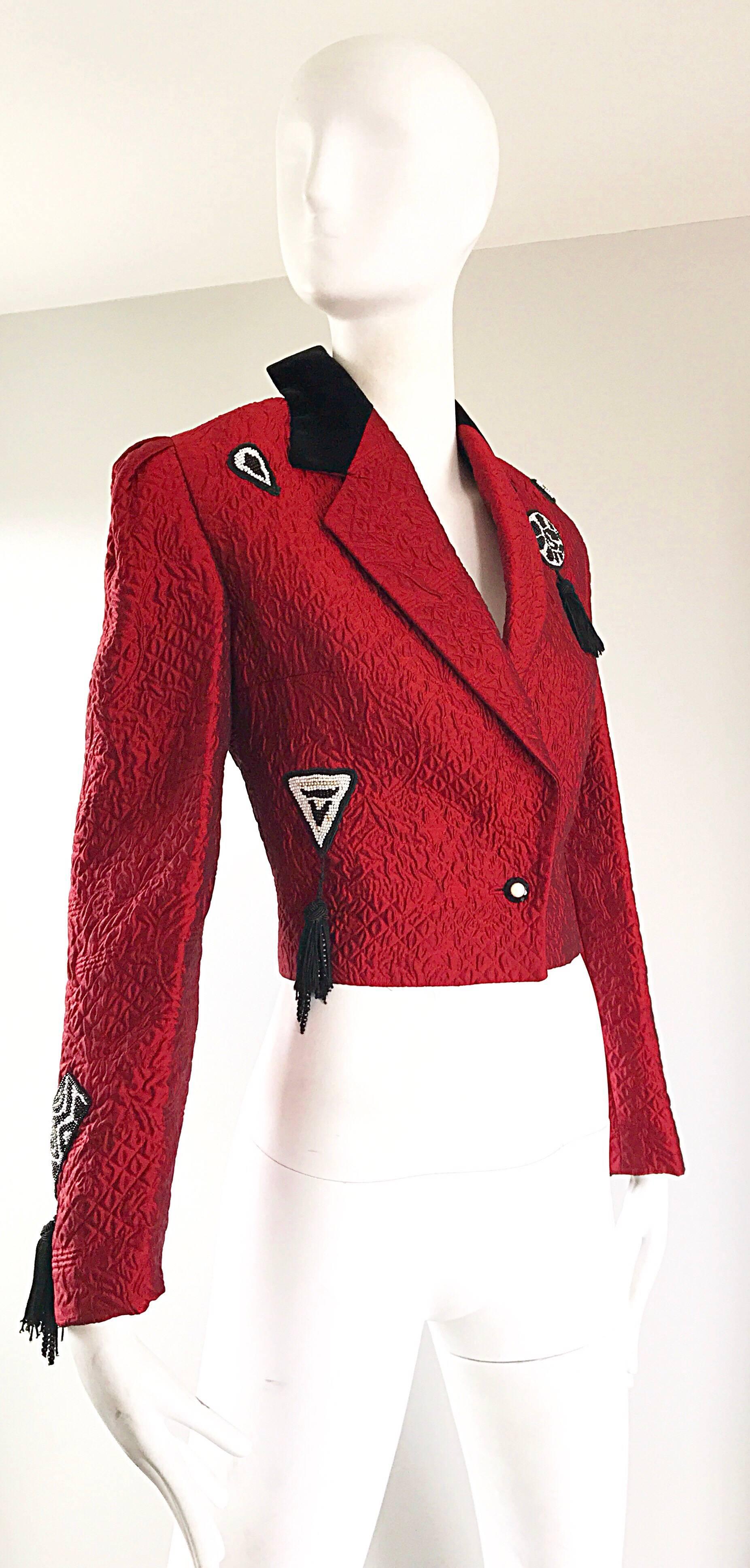 1990s Louis Feraud Red + Black Beaded Tassel Size 8 Cropped Silk Bolero Jacket 2