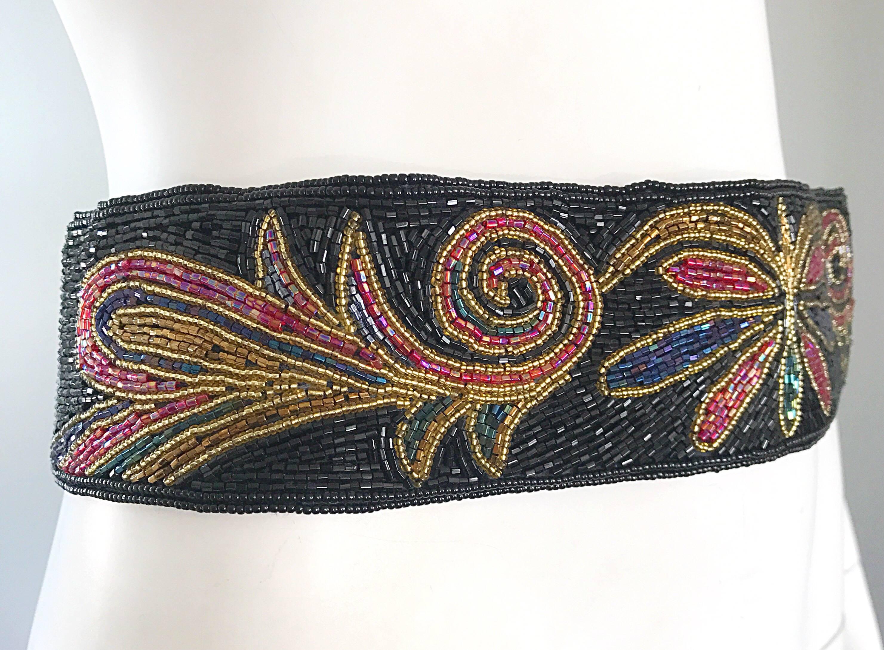 Fabulous 1980s Fully Beaded Butterfly Colorful Black Vintage 80s Belt In Excellent Condition For Sale In San Diego, CA