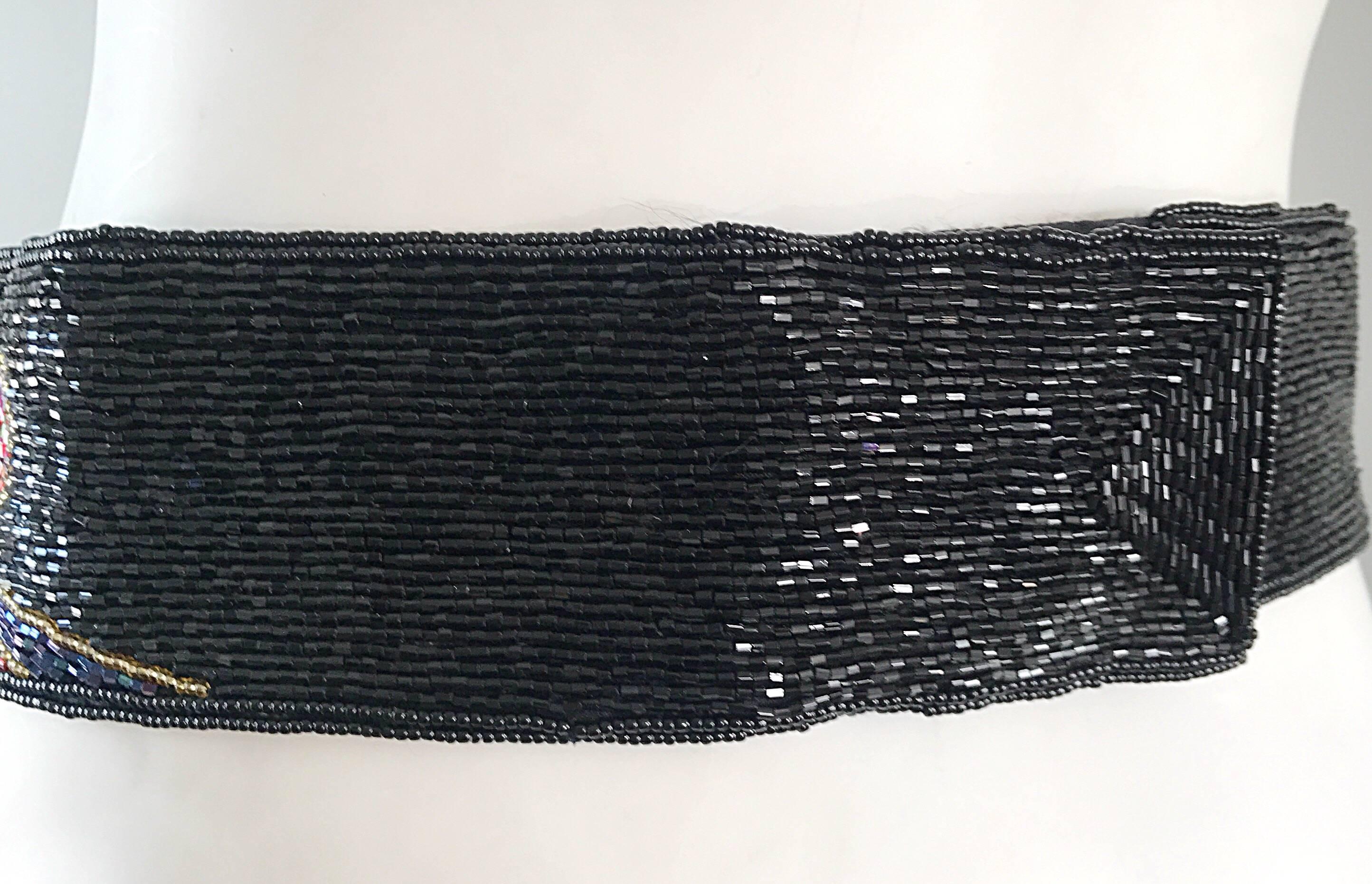 Fabuleux ceinture noire vintage entièrement perlée et colorée avec papillons (années 1980) en vente 3