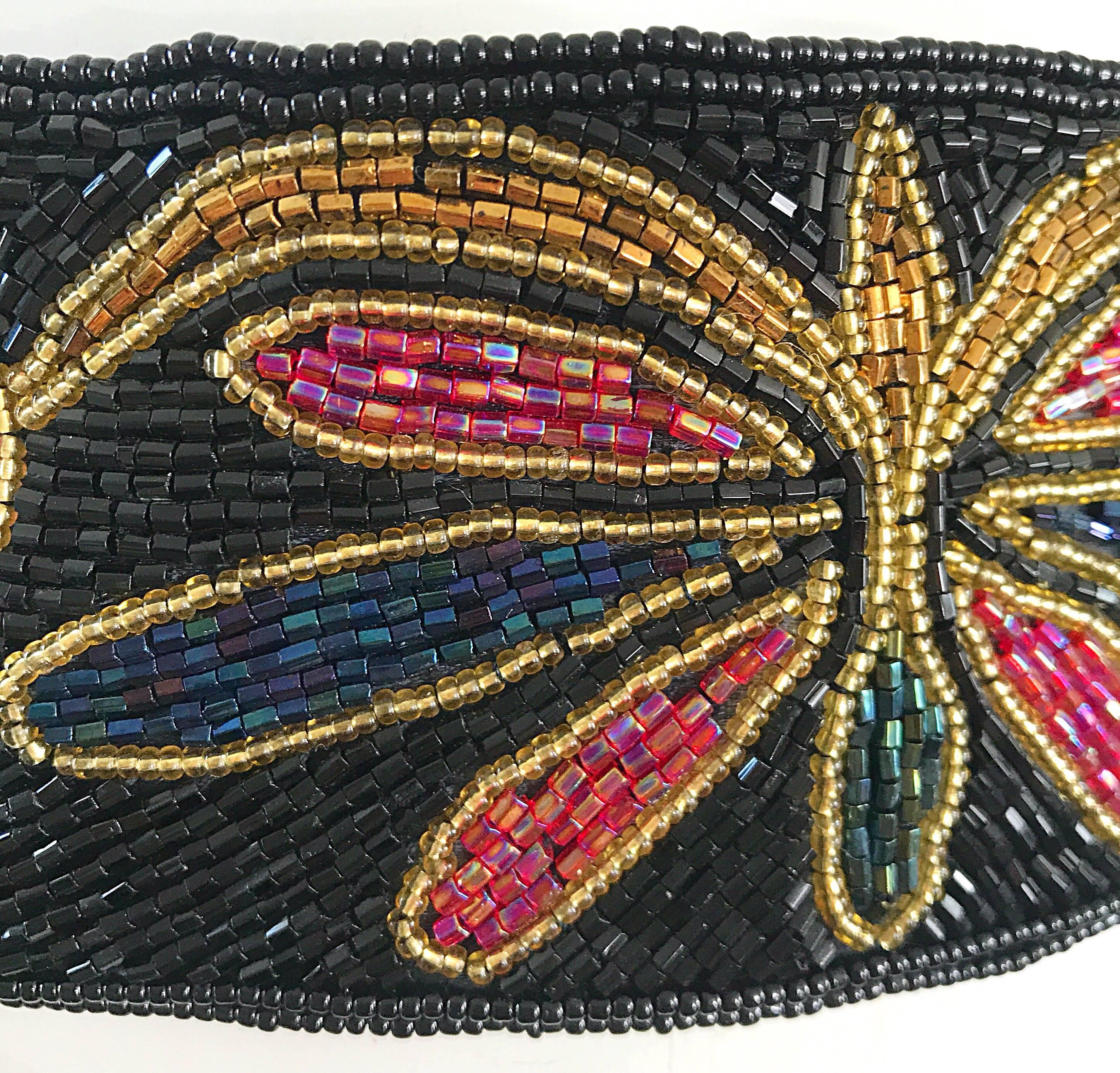 Fabulous 1980s Fully Beaded Butterfly Colorful Black Vintage 80s Belt For Sale 4