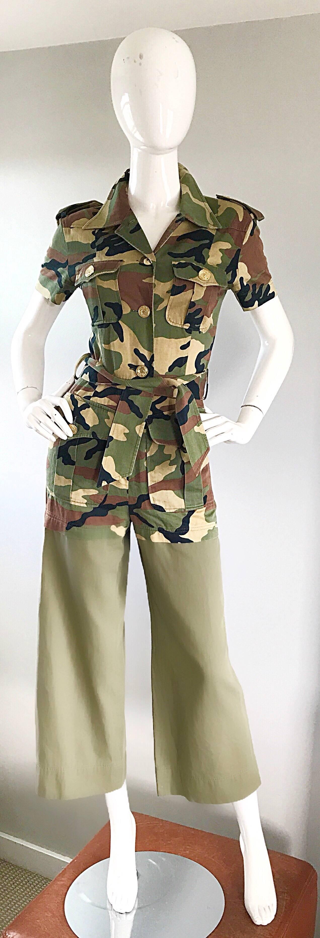 Vintage Moschino Camouflage 1990s Belted 90s Rare Safari Cargo Jumpsuit Romper For Sale 1