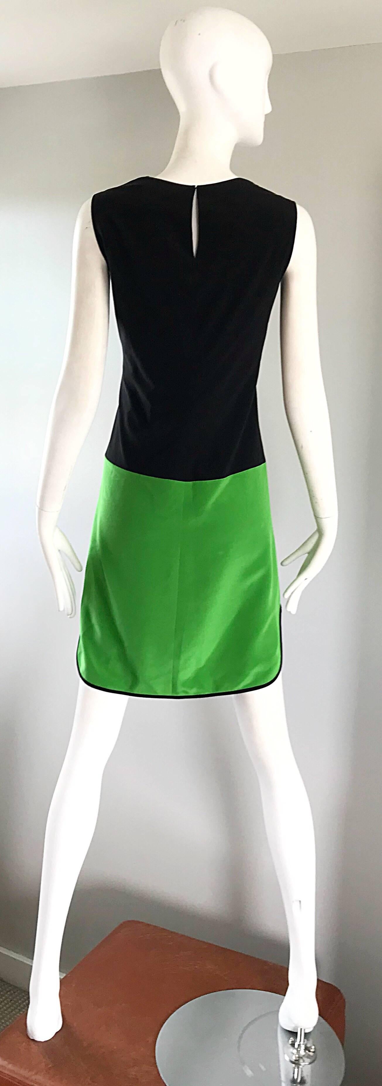 New Prabal Gurung Green and Black Color Block Size 6 / 8 Silk Mod Sheath Dress In Excellent Condition For Sale In San Diego, CA