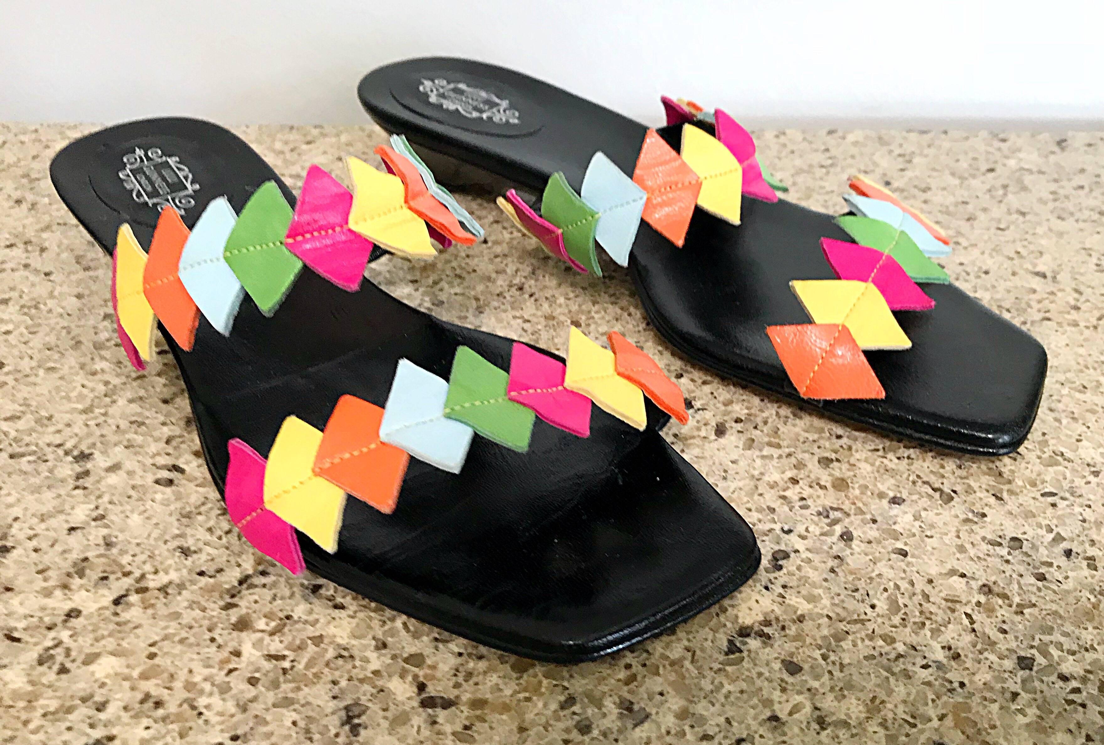 Brand new, never worn 90s LULU GUINNESS colorful kitten heel wedges sandals! Feature leather diamond shapes straps in pink, yellow, orange, light blue, and green. Sensible low wedge heel. The perfect pair of shoes that really adds just the right