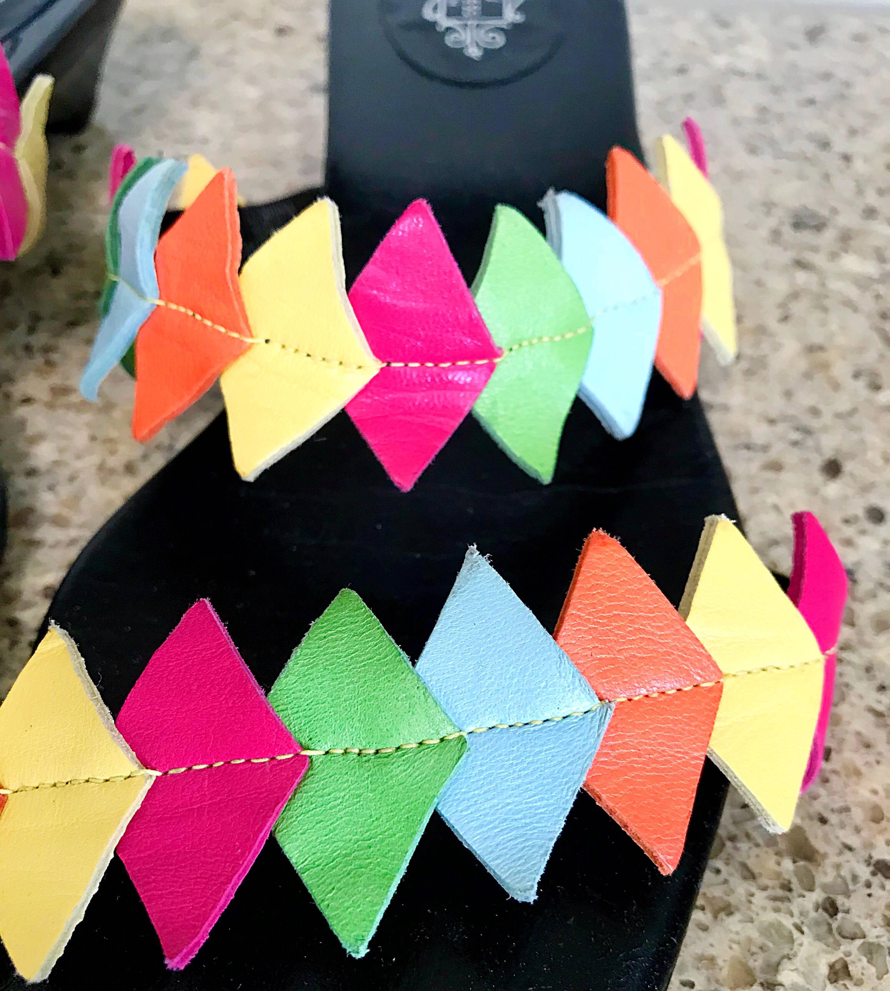 De las mujeres Nuevo 1990s Lulu Guinness Size 38 / 8 Kitten Heel Colorful Vintage Sandals Shoes en venta