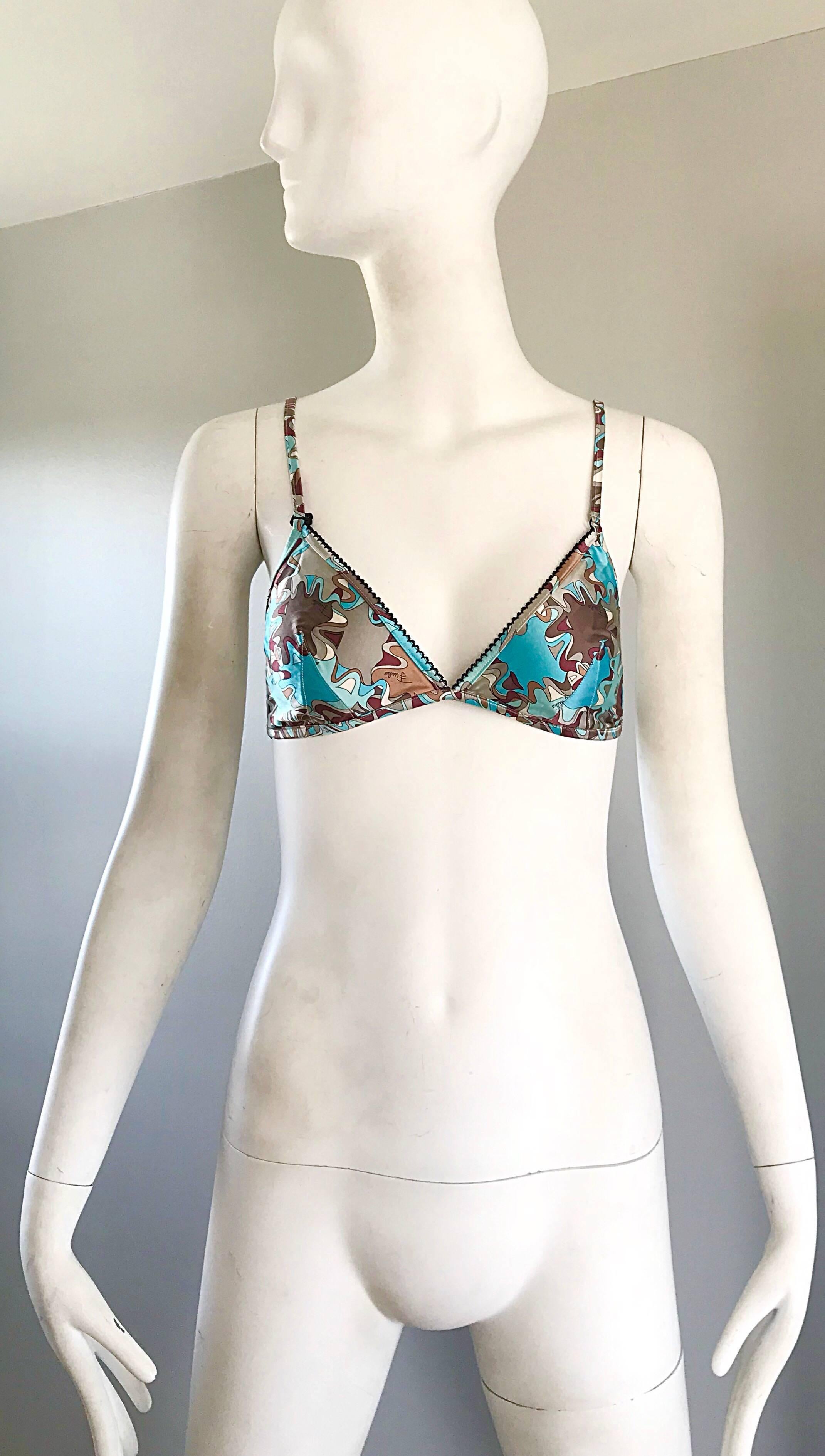 Sexy brand new 90s vintage EMILIO PUCCI silk bra crop top! Features the signature Pucci kaleidoscope print, with Pucci signature scribbled throughout. Straps are adjustable, and can be worn classic, or racerback style. Could also easily be used as a